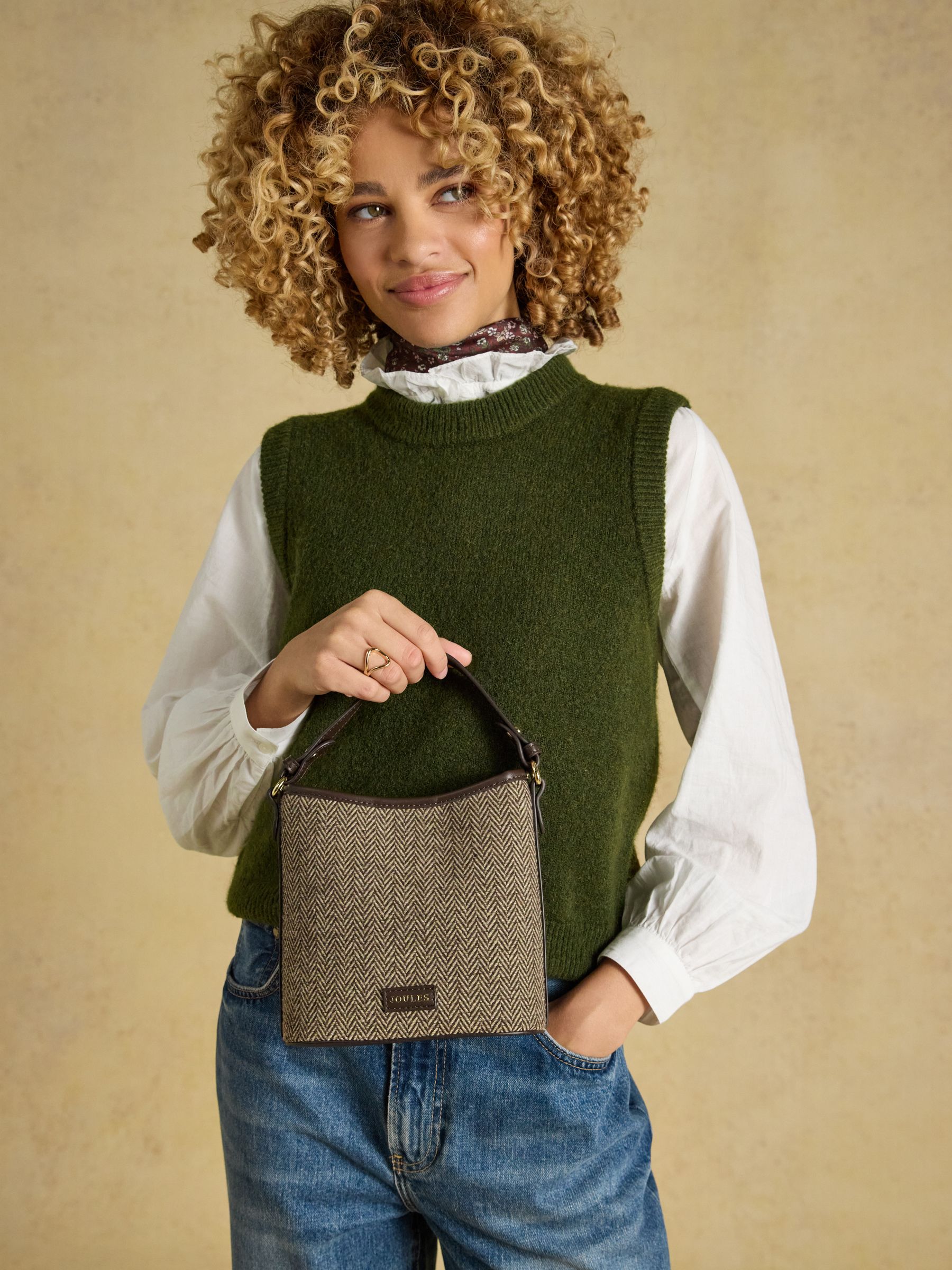 Neutral Herringbone Bucket Bag - Image 2 of 9