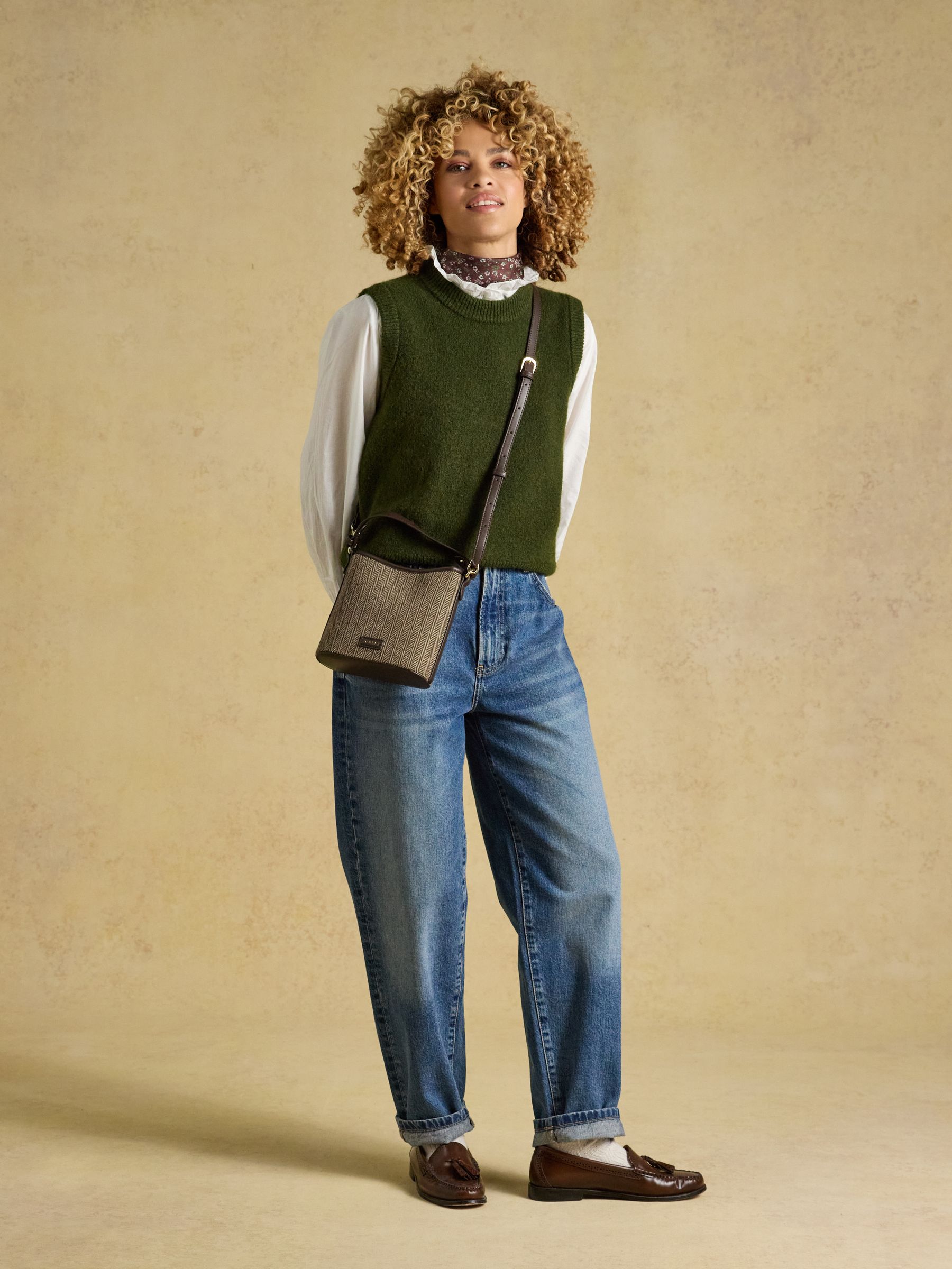 Neutral Herringbone Bucket Bag - Image 3 of 9