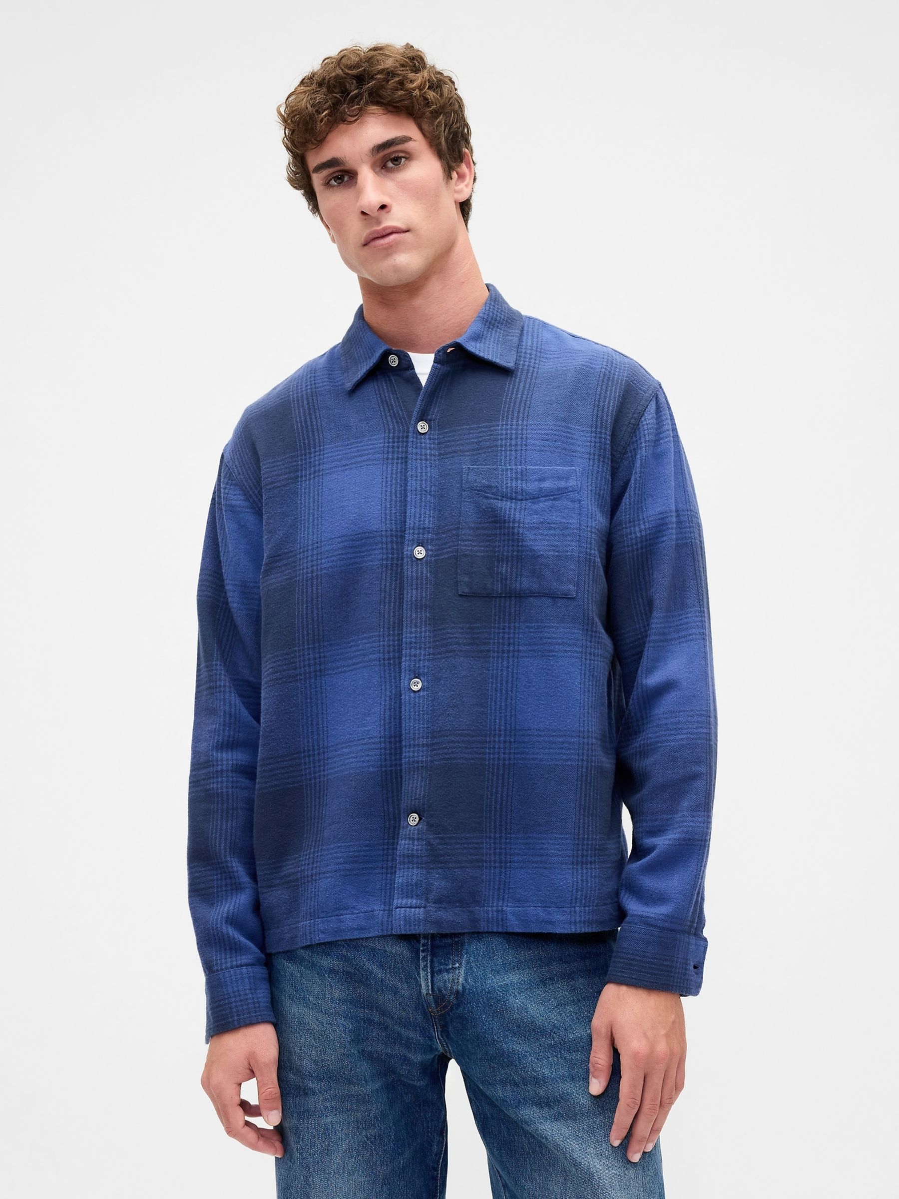 Blue Check Relaxed Flannel Shirt - Image 1 of 4 Blue Check Relaxed Flannel Shirt - Image 1 of 4