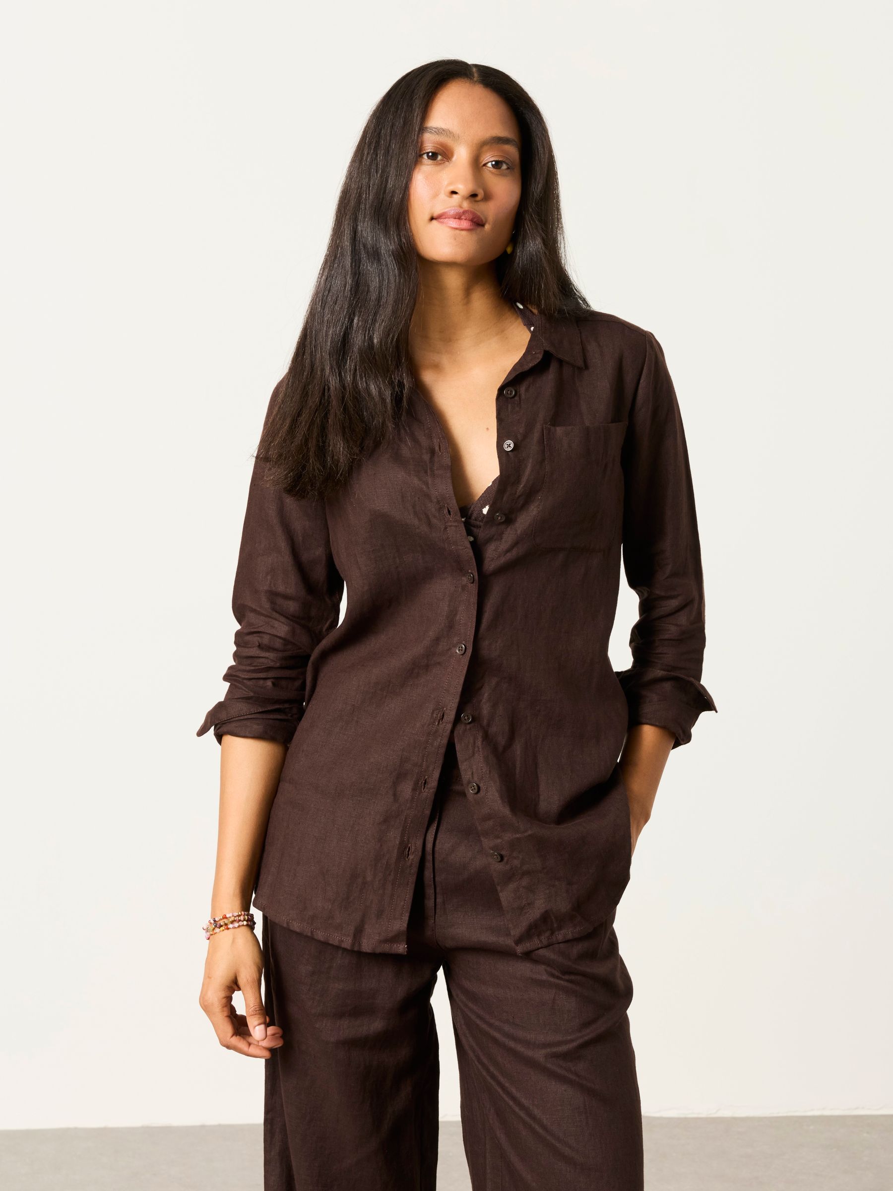 Olivia Chocolate Brown Petite Linen Shirt - Image 1 of 6