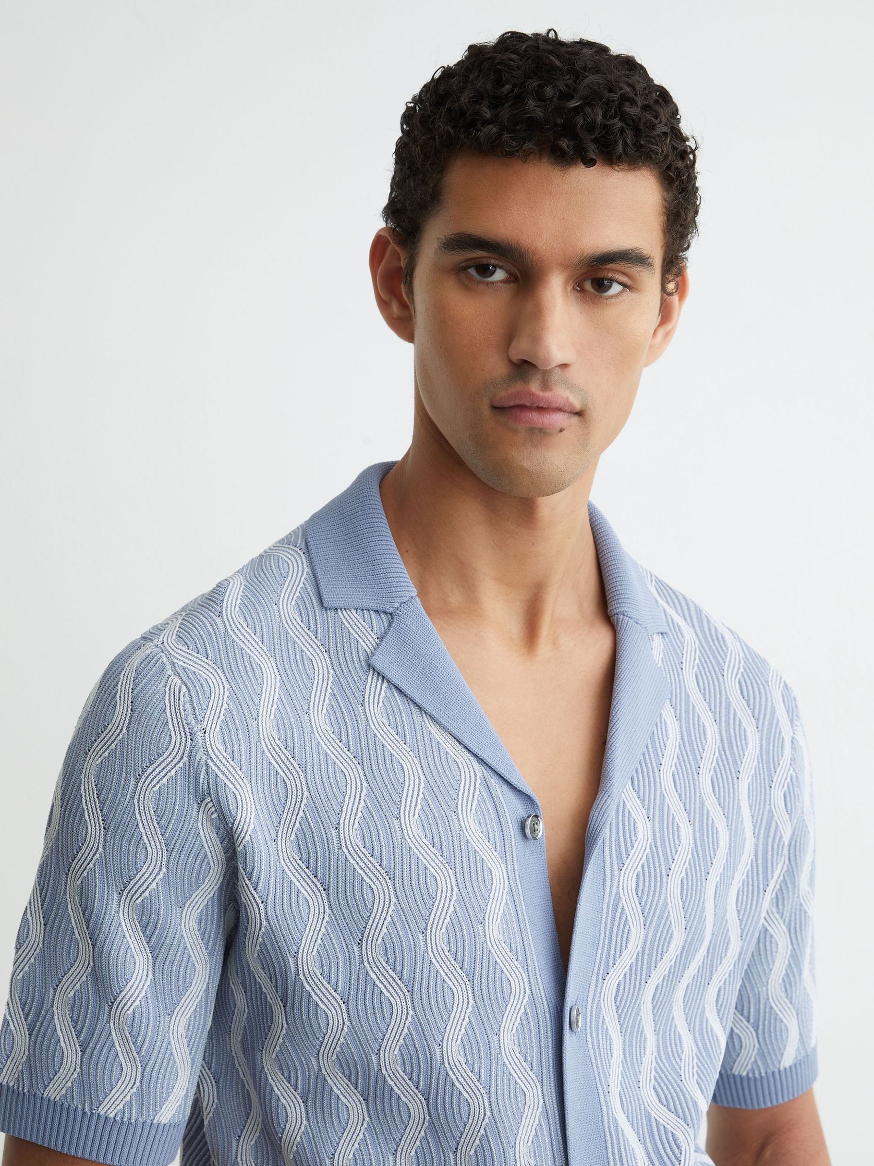 Wave-Knit Cuban-Collar Shirt in Soft Blue - Image 1 of 6 Wave-Knit Cuban-Collar Shirt in Soft Blue - Image 1 of 6
