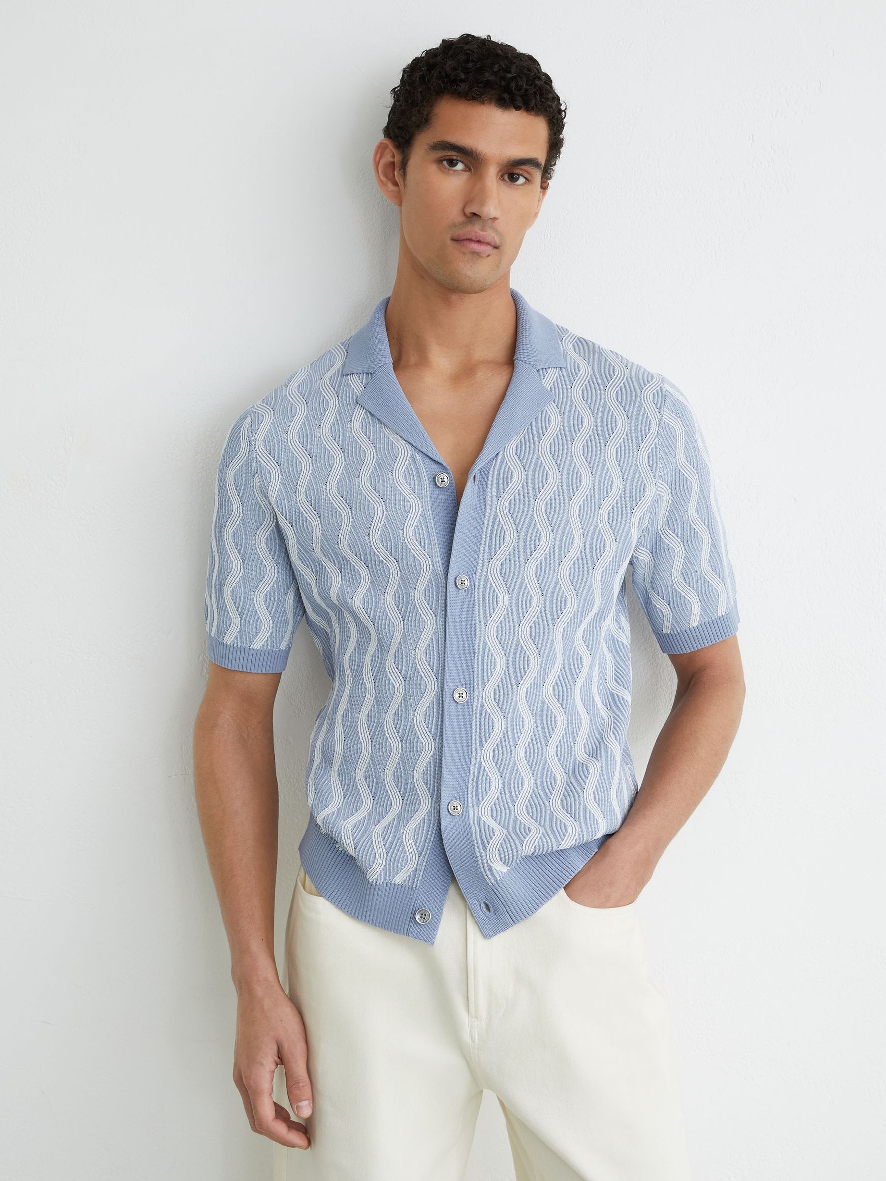 Wave-Knit Cuban-Collar Shirt in Soft Blue - image 5