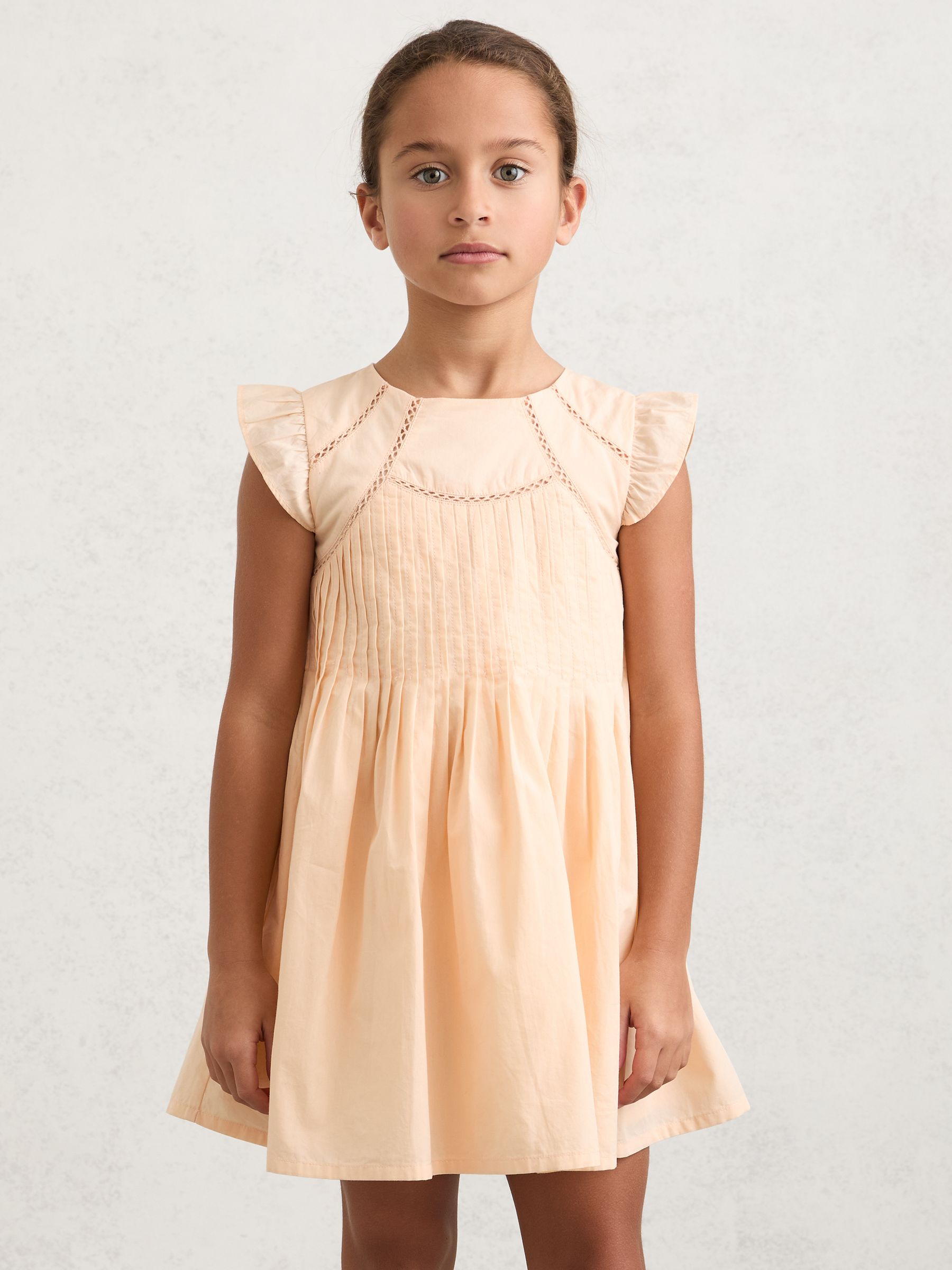 Cotton Pintuck Cap-Sleeve Dress in Peach - Image 1 of 4