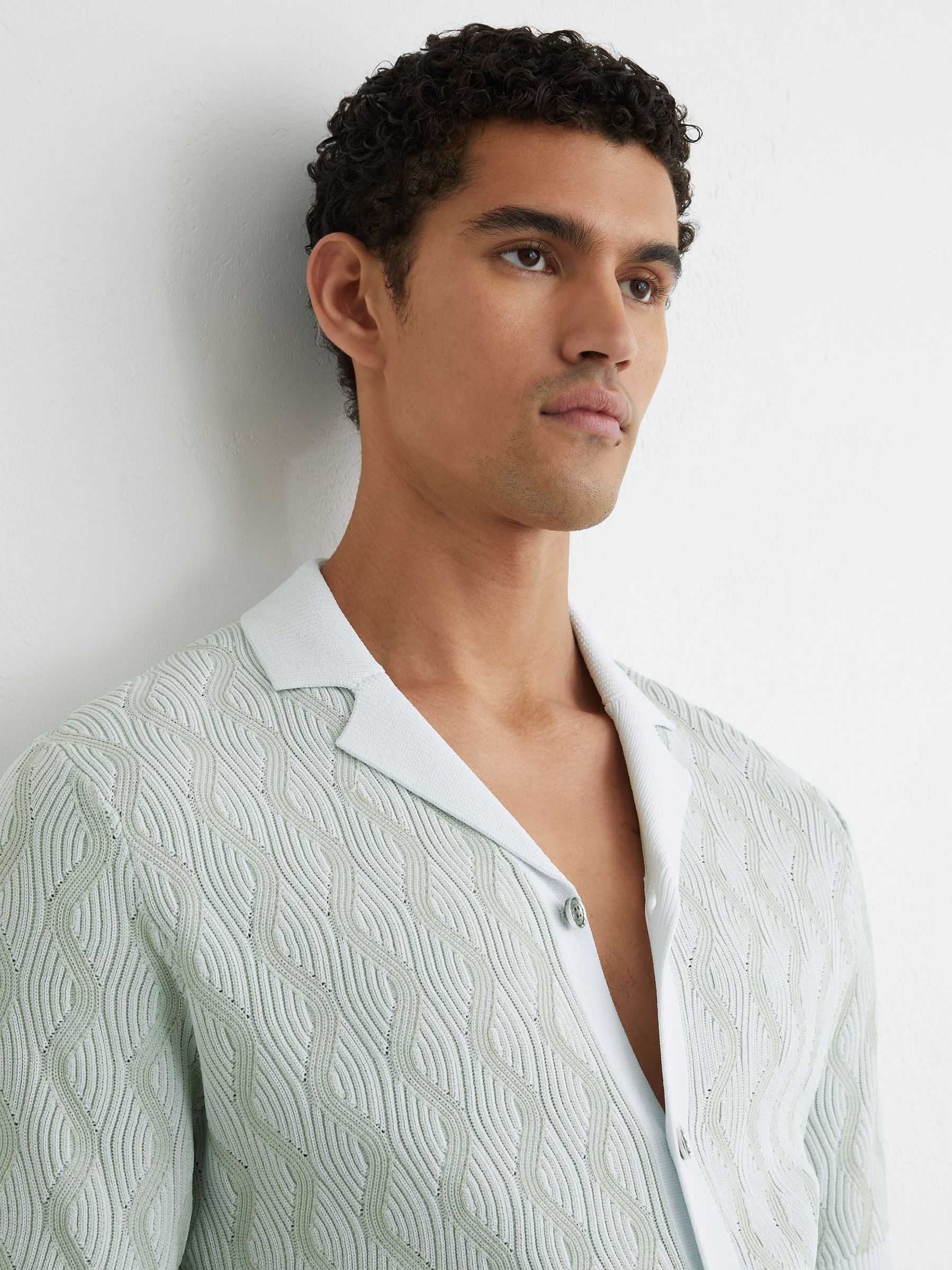 Wave-Knit Cuban-Collar Shirt in Soft Sage - Image 1 of 6