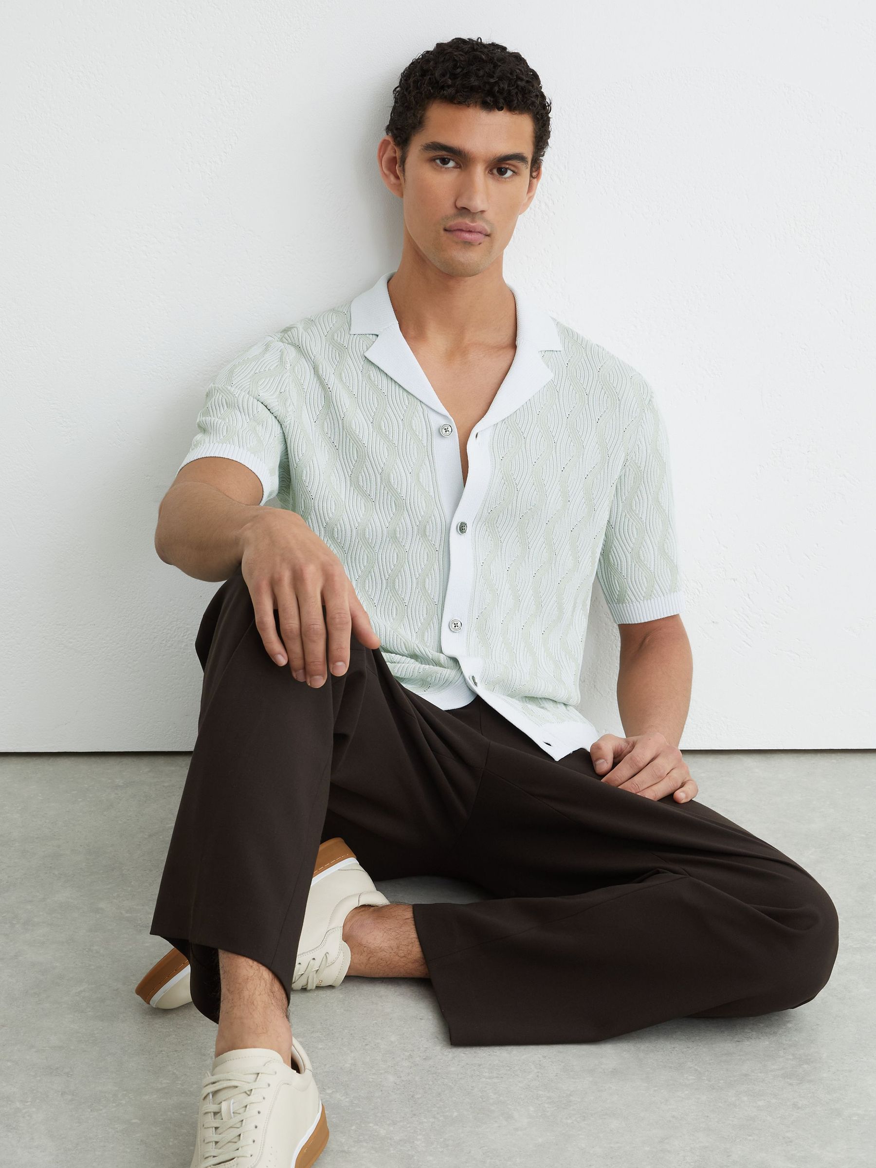 Wave-Knit Cuban-Collar Shirt in Soft Sage - Image 3 of 6