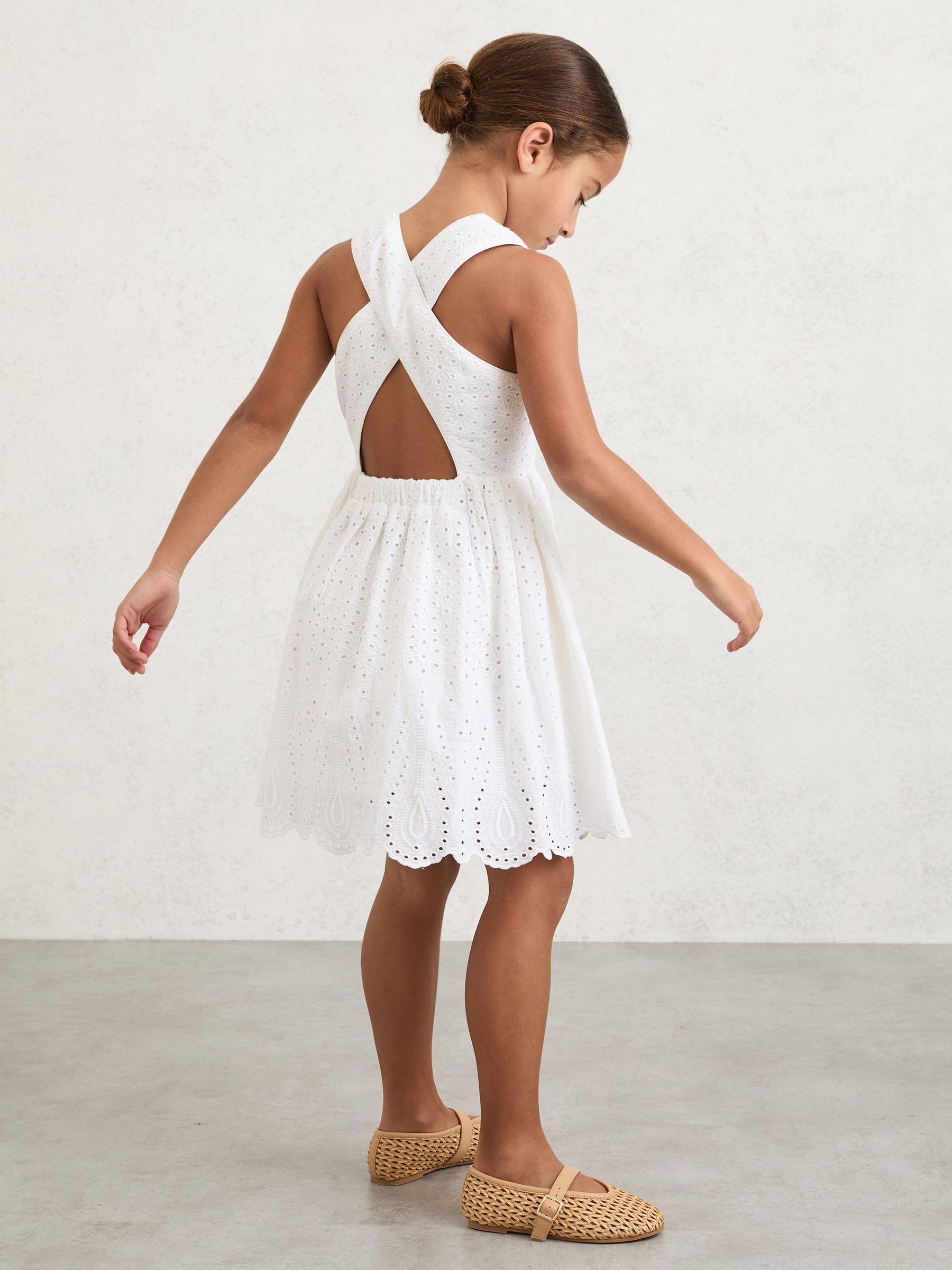 Cotton Broderie Cross-Back Dress in White - Image 2 of 5