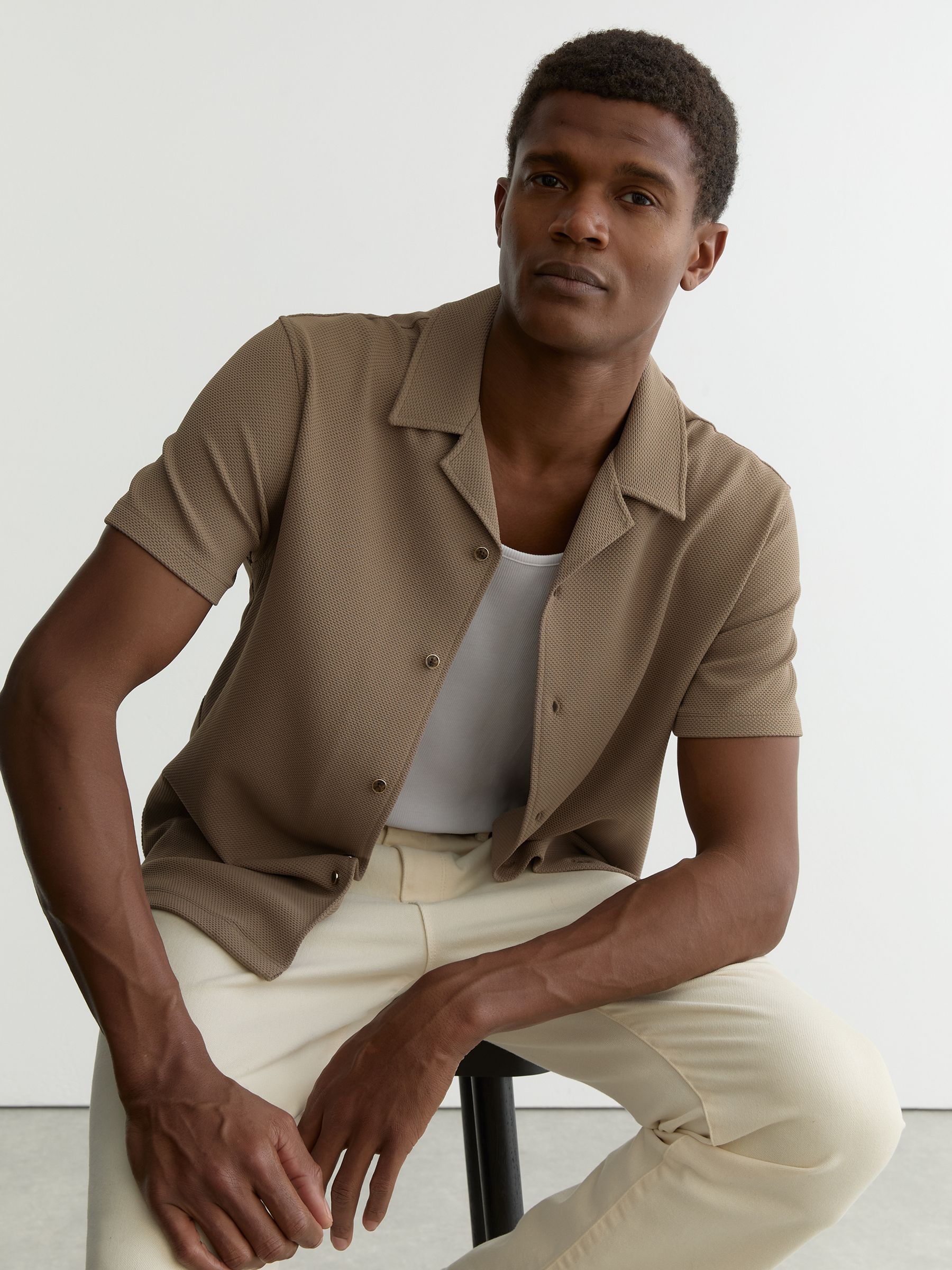 Textured Cuban-Collar Shirt in Camel Brown - Image 1 of 8 Textured Cuban-Collar Shirt in Camel Brown - Image 1 of 8