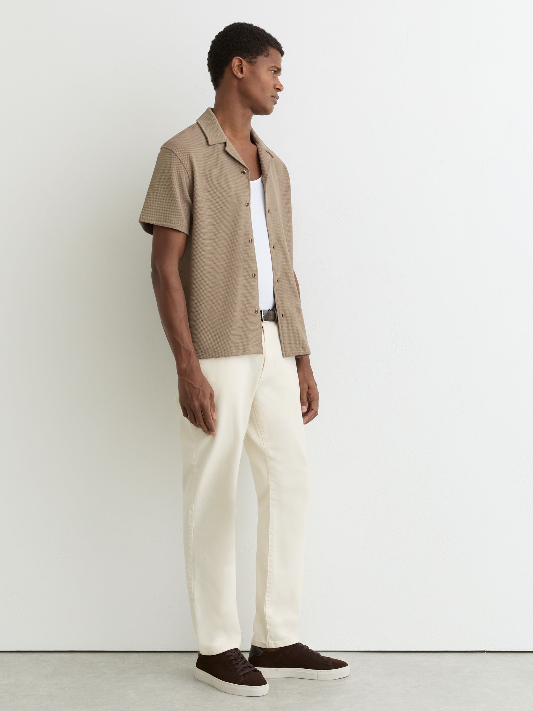 Textured Cuban-Collar Shirt in Camel Brown - Image 4 of 8