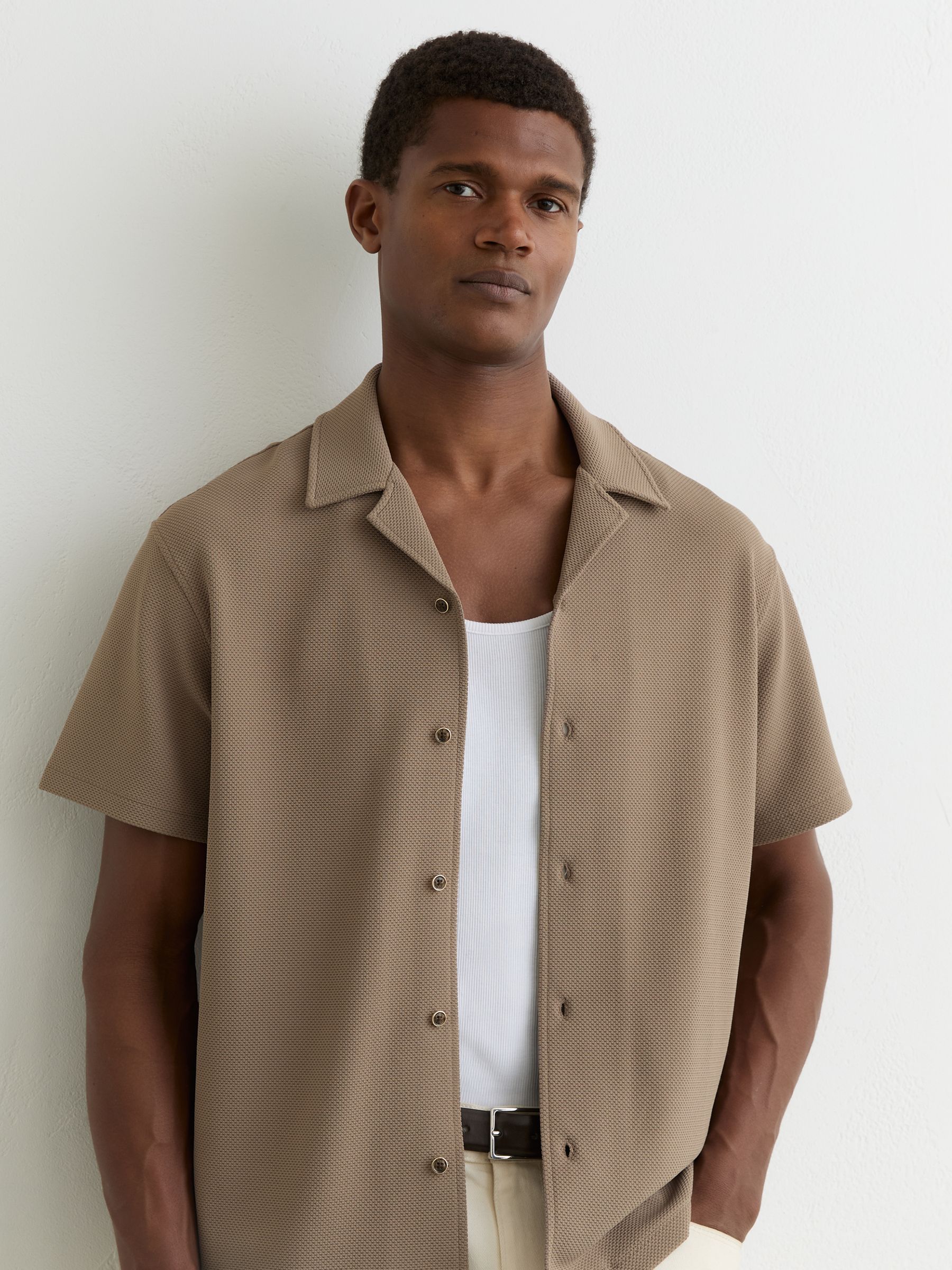 Textured Cuban-Collar Shirt in Camel Brown - Image 5 of 8