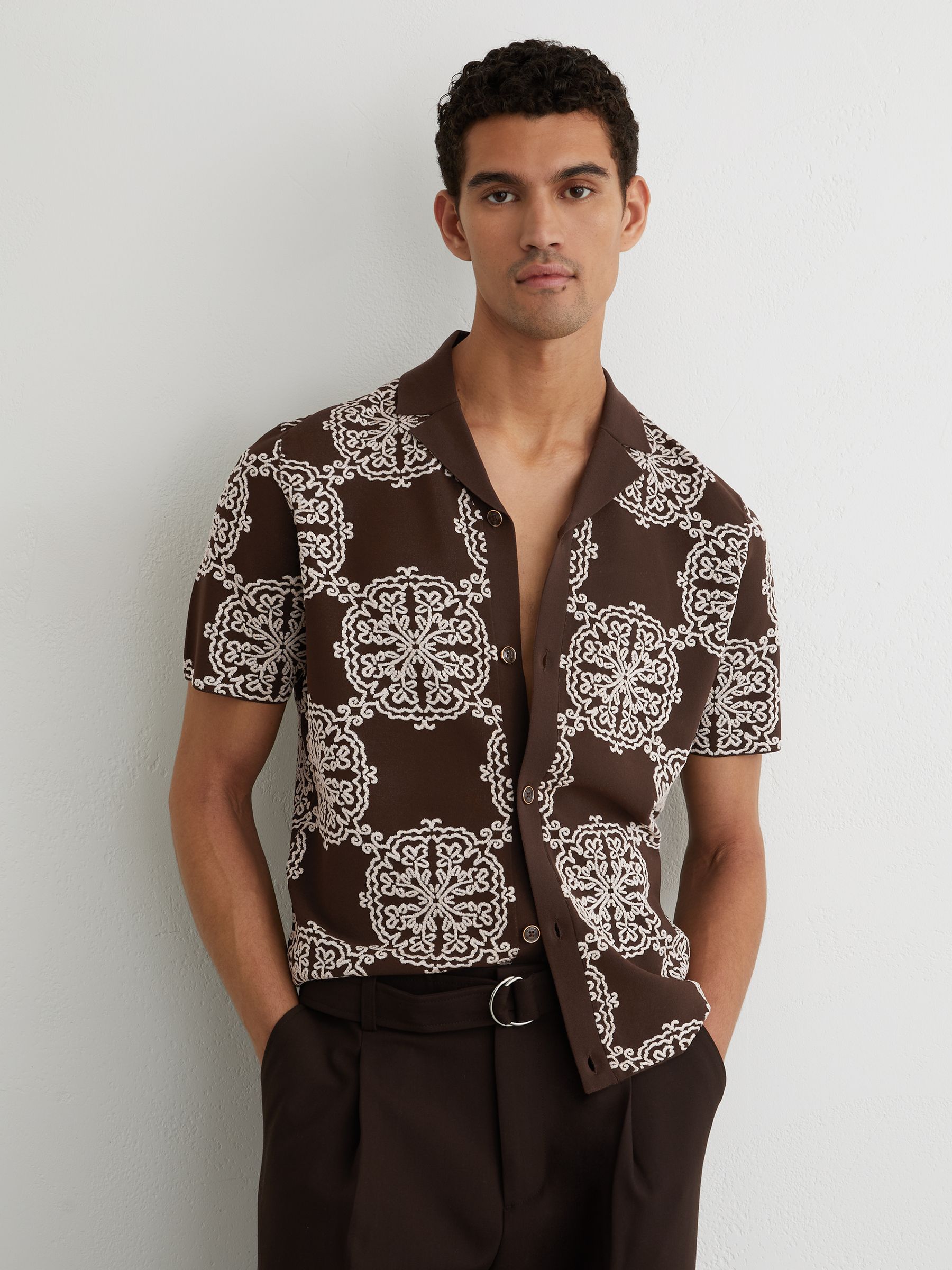 Jacquard Knit Cuban-Collar Shirt in Tobacco Brown/ White - image 2