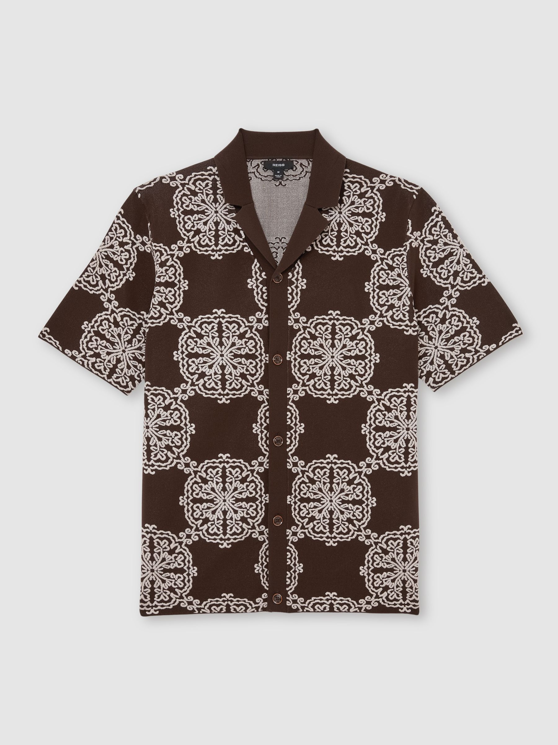 Jacquard Knit Cuban-Collar Shirt in Tobacco Brown/ White - Image 2 of 7