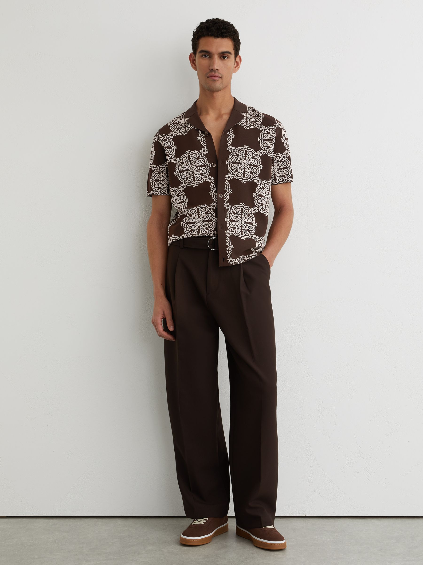 Jacquard Knit Cuban-Collar Shirt in Tobacco Brown/ White - Image 3 of 7
