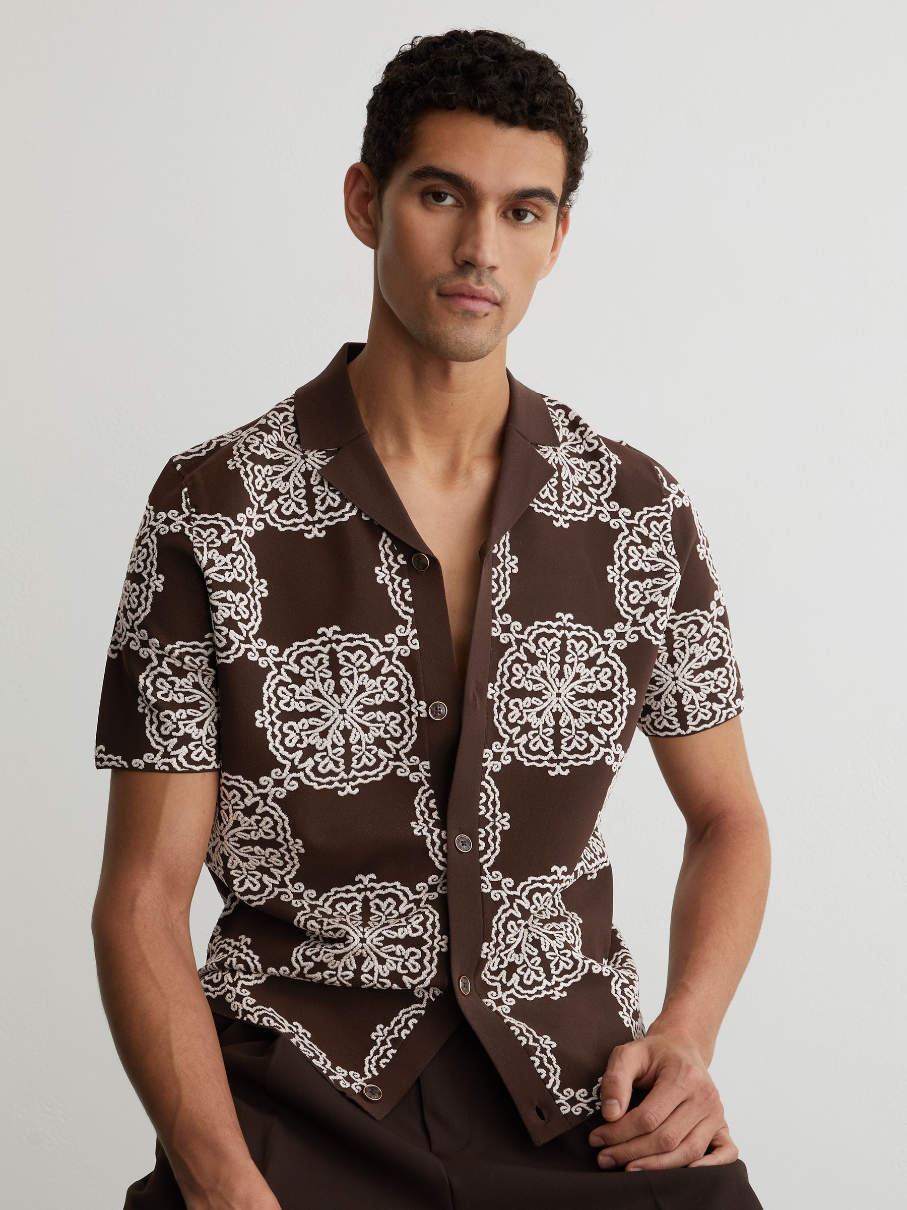 Jacquard Knit Cuban-Collar Shirt in Tobacco Brown/ White - Image 4 of 7