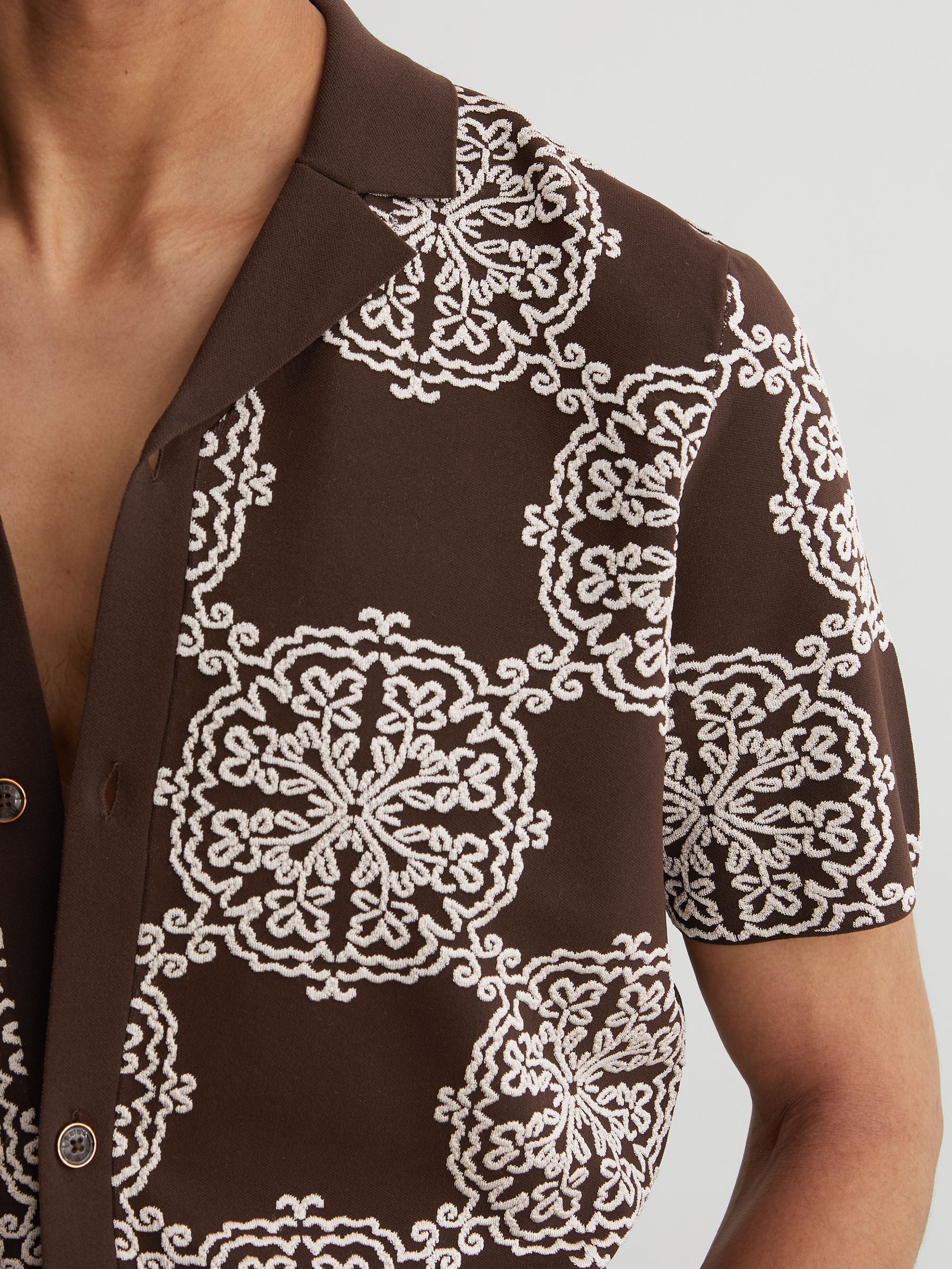 Jacquard Knit Cuban-Collar Shirt in Tobacco Brown/ White - Image 5 of 7