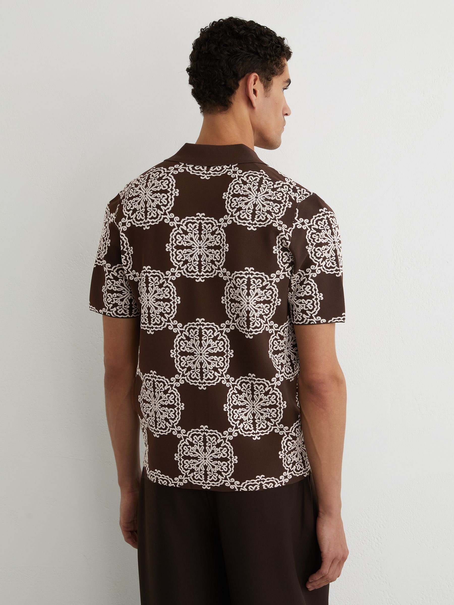 Jacquard Knit Cuban-Collar Shirt in Tobacco Brown/ White - image 4