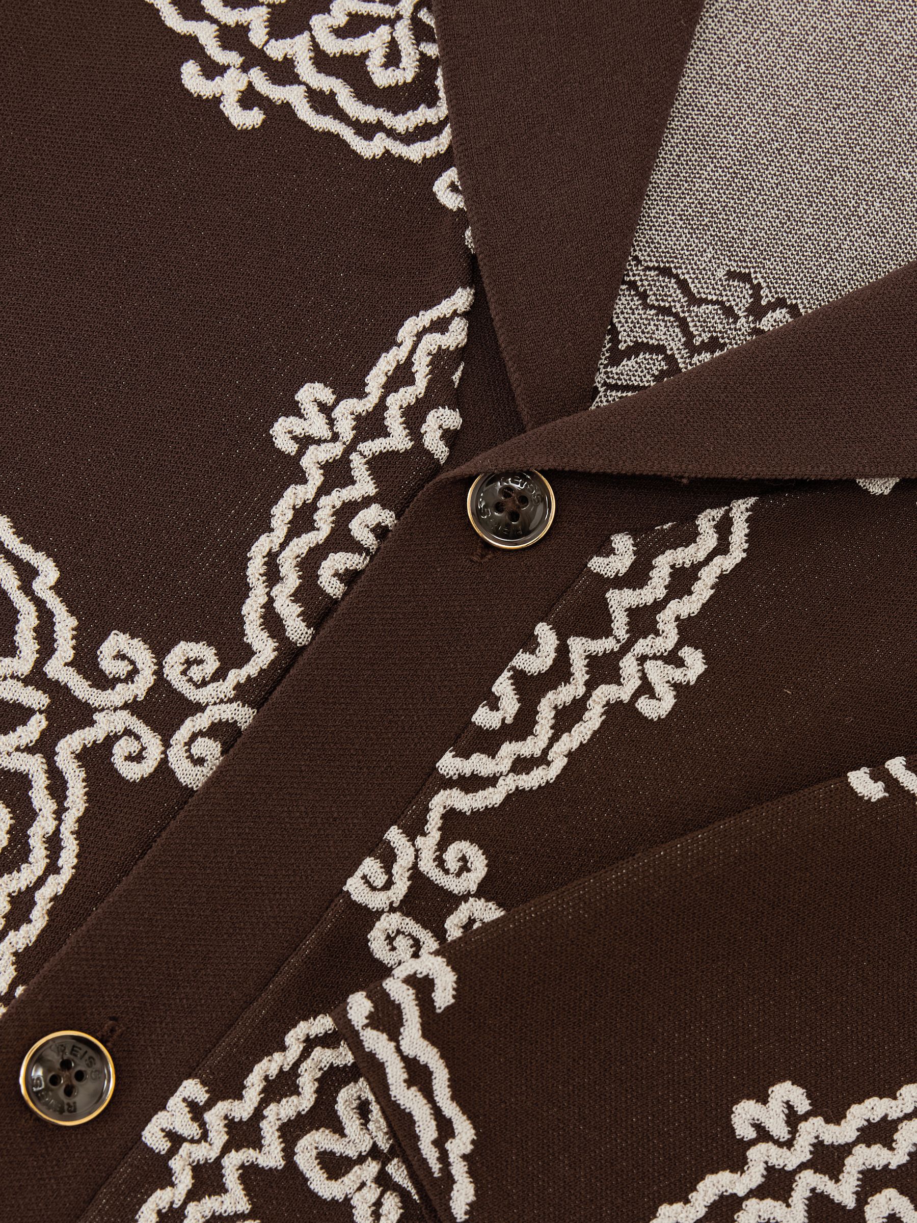 Jacquard Knit Cuban-Collar Shirt in Tobacco Brown/ White - image 3