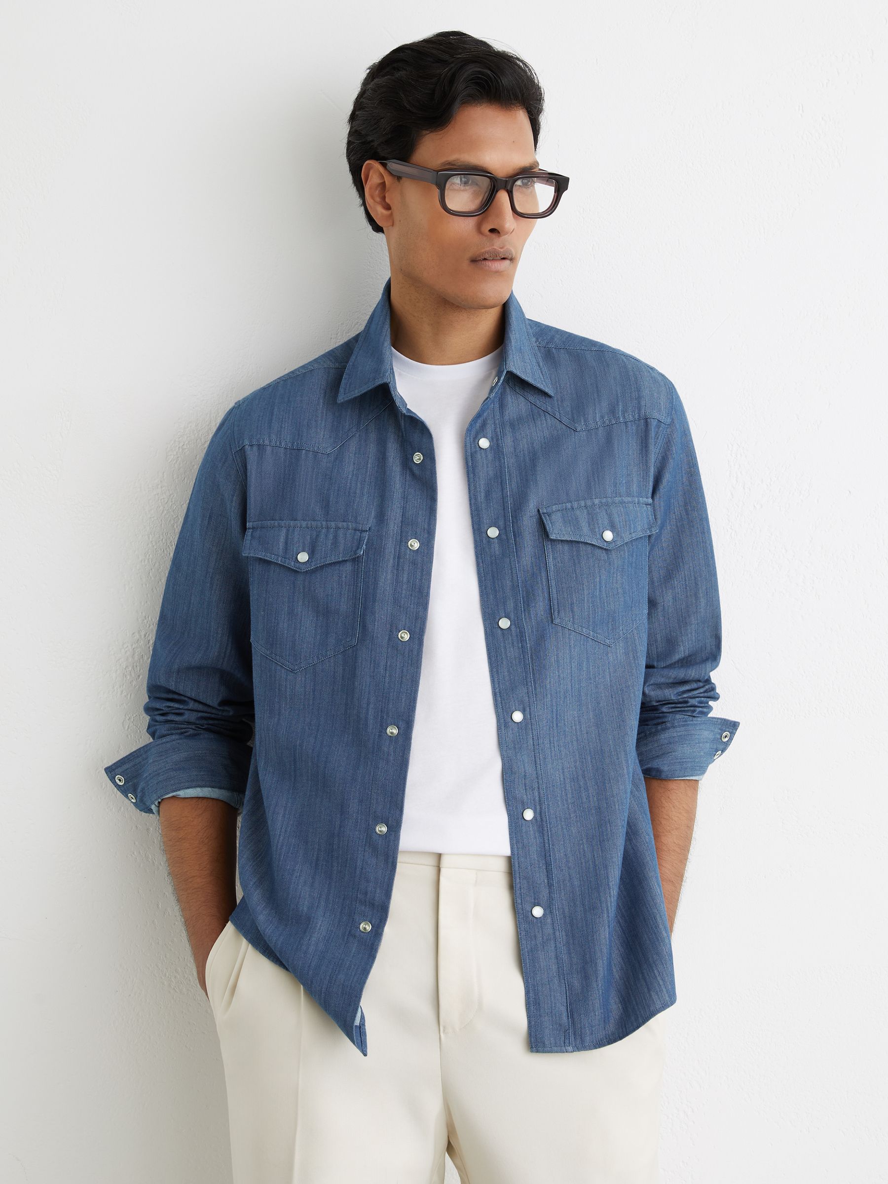 Denim Western Press-Stud Shirt Regular-Fit in Indigo Blue - Image 1 of 6