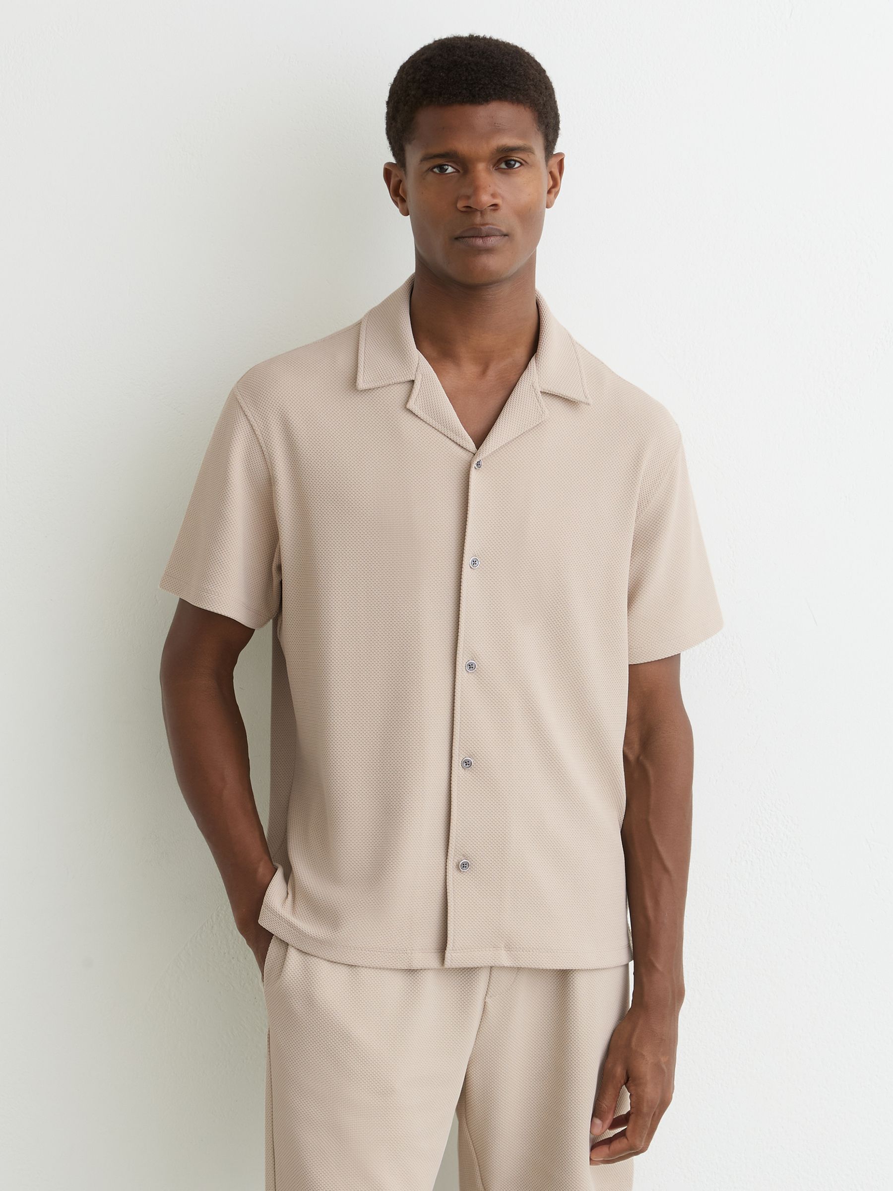 Textured Cuban-Collar Shirt in Stone - Image 1 of 7
