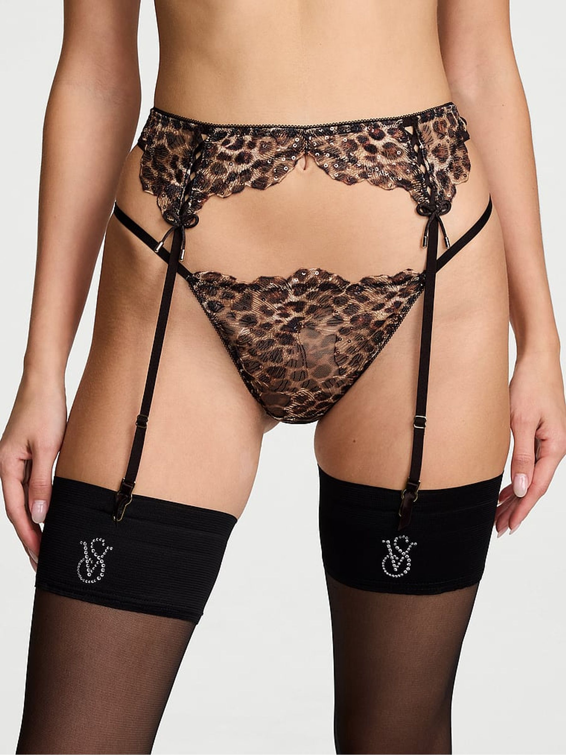 Leopard Brown Sequin Embroidery Garter Belt - Image 1 of 2