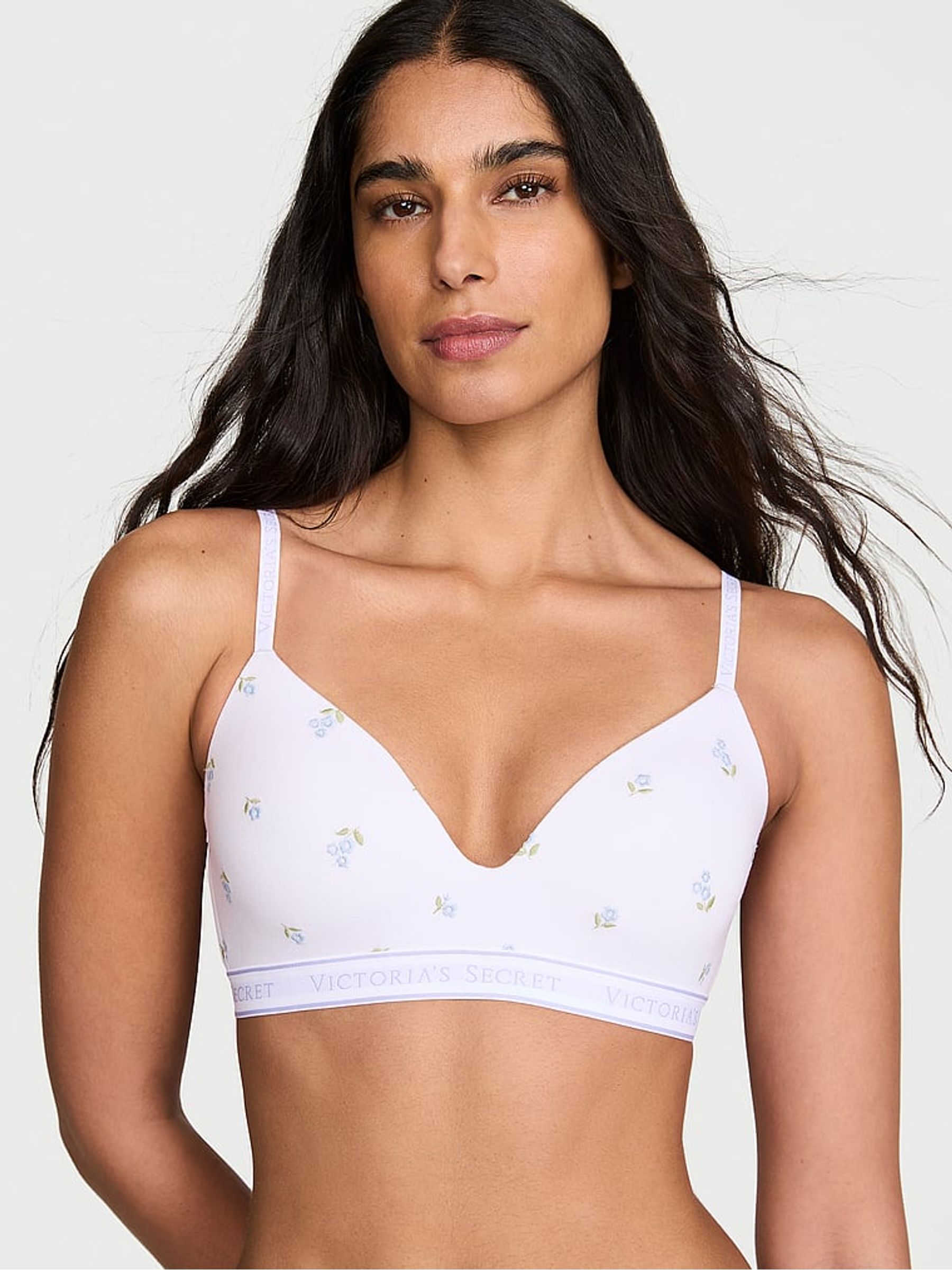 White Floral Lightly Lined Non Wired Cotton Logo Embroidered Bra - Image 1 of 3