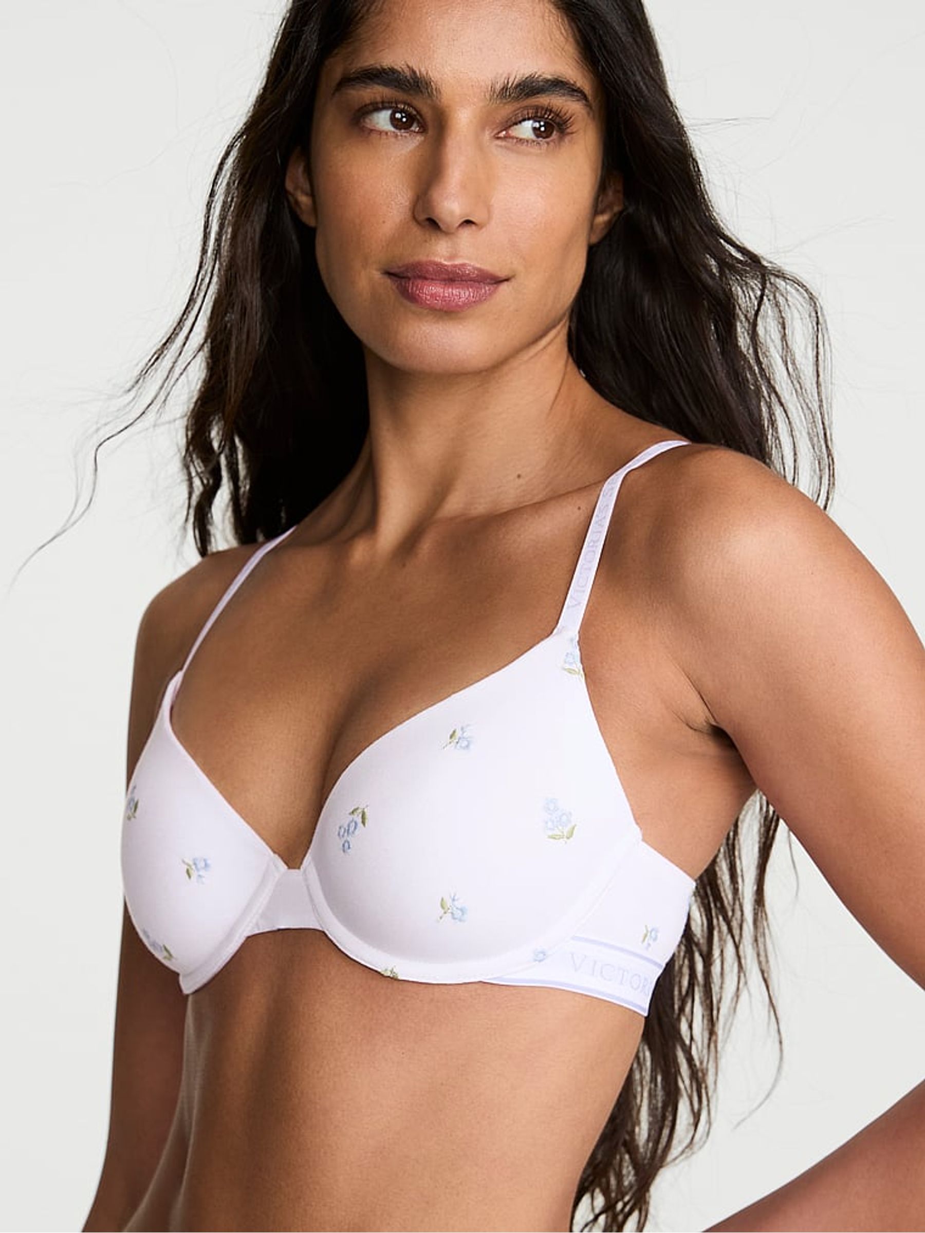 White Floral Lightly Lined Demi Cotton Logo Embroidered Bra - Image 1 of 3 White Floral Lightly Lined Demi Cotton Logo Embroidered Bra - Image 1 of 3