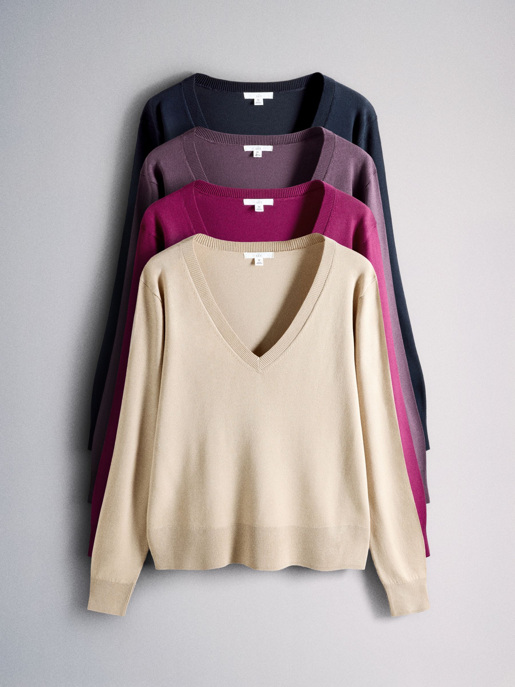 4 Pack Fine Knit V-Neck Jumpers Plum/Purple/Neutral/Dark Navy 4 Pack - Image 1 of 6