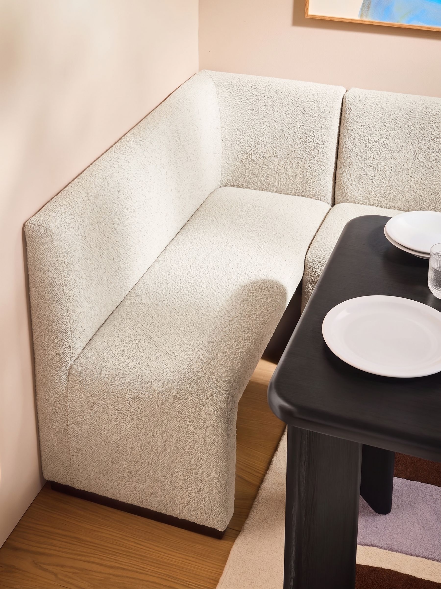 Left Hand Corner Corner Bench and Dining Table in Off White Pax Boucle - Image 4 of 6