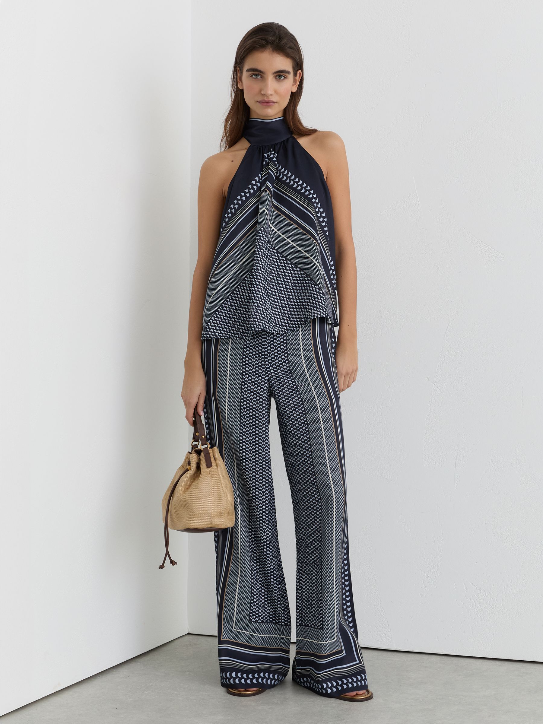 Scarf-Print Wide-Leg Trousers in Navy - Image 1 of 7