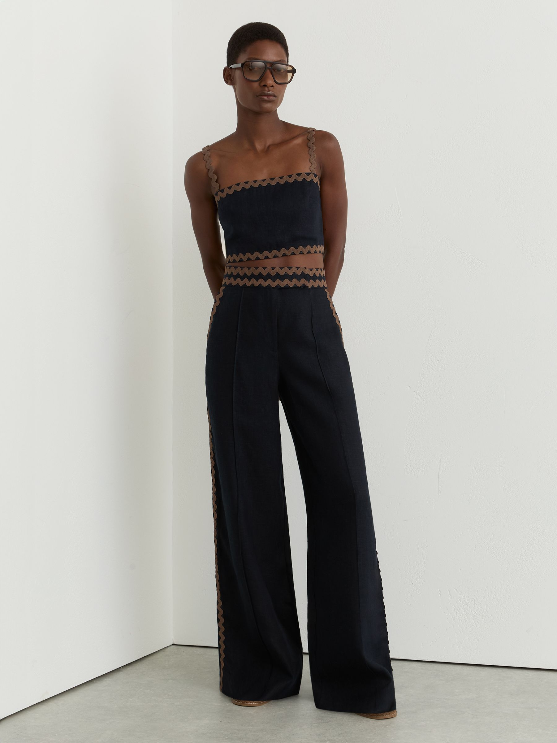 Petite Linen Wave-Trim Wide-Leg Trousers in Navy/Brown - image 3