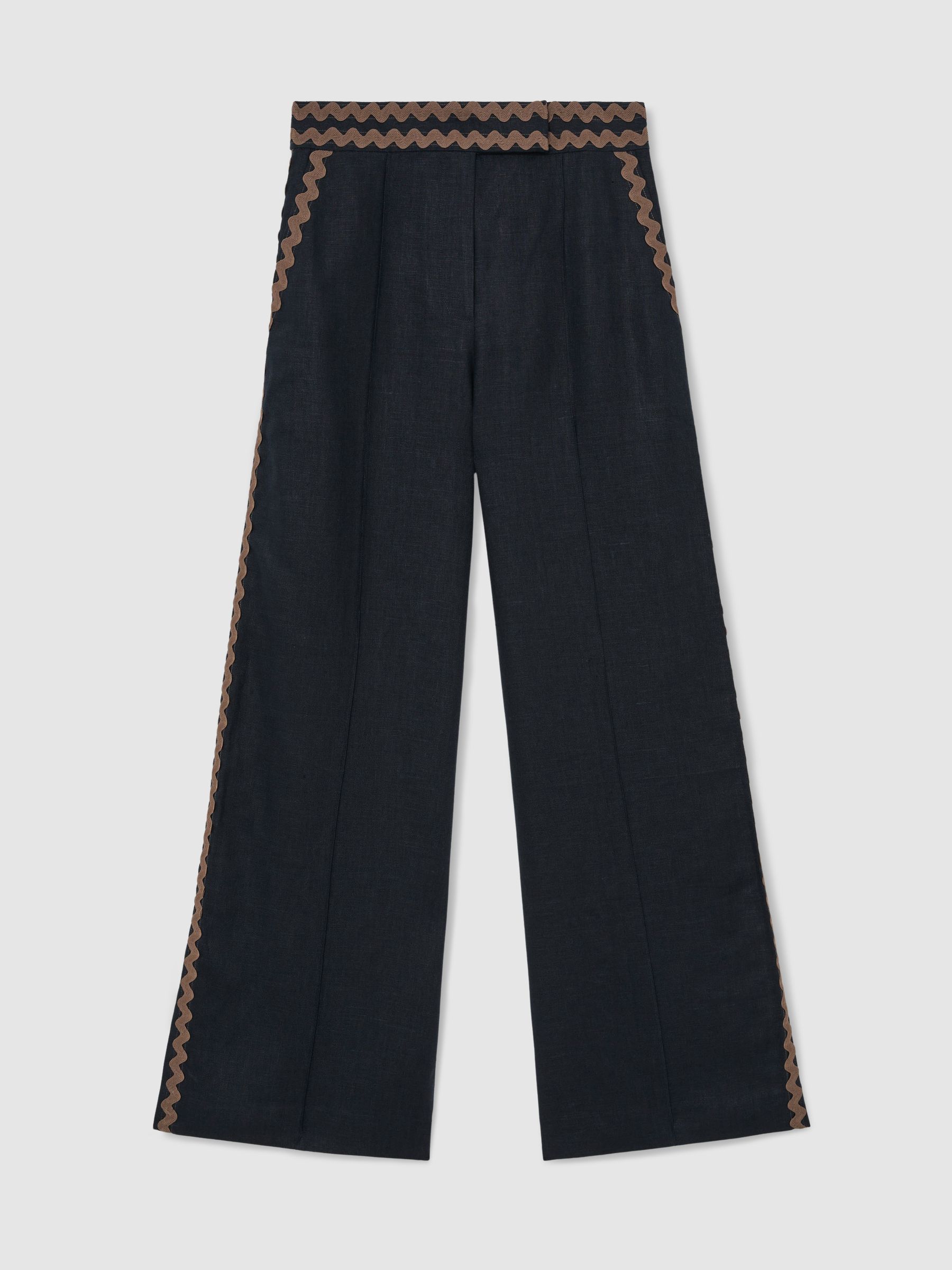 Petite Linen Wave-Trim Wide-Leg Trousers in Navy/Brown - Image 2 of 8