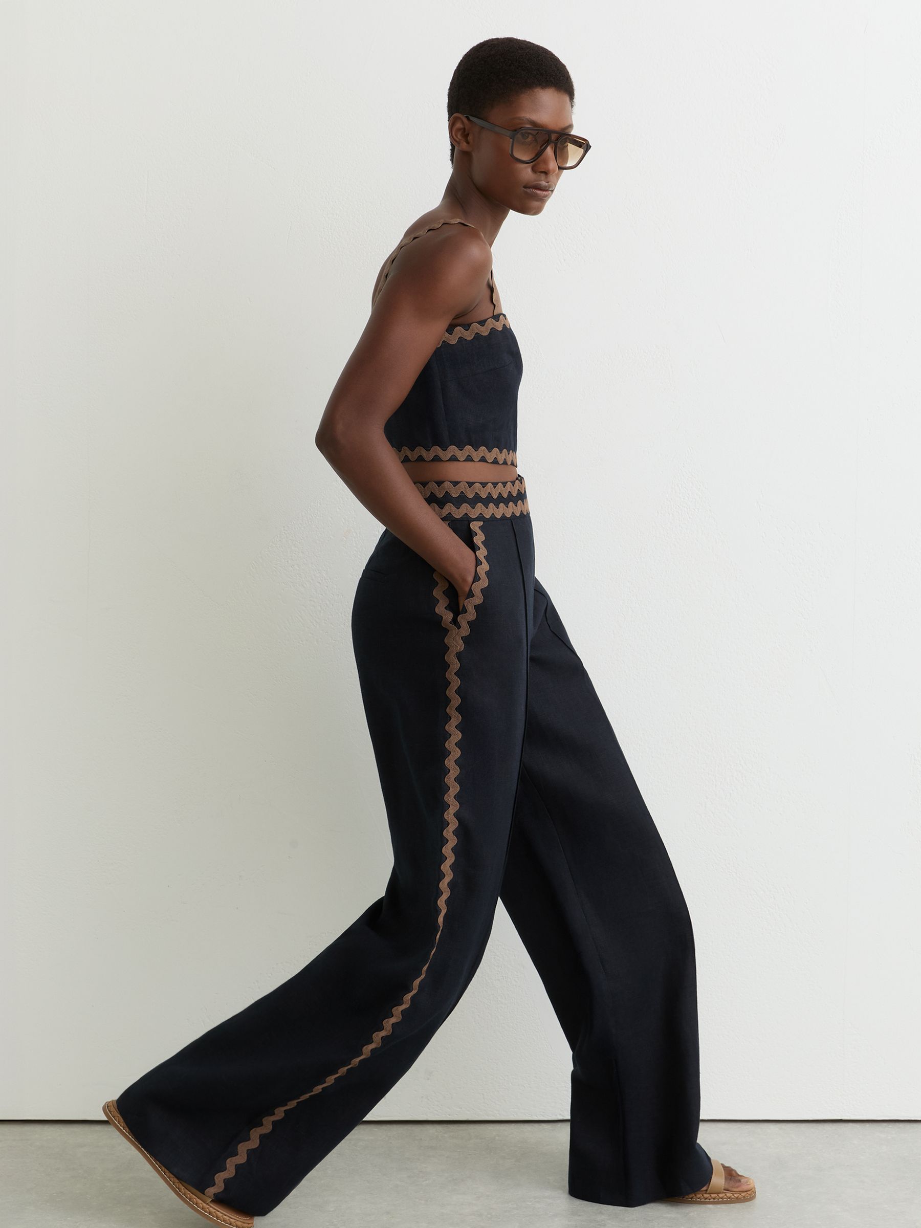 Petite Linen Wave-Trim Wide-Leg Trousers in Navy/Brown - Image 3 of 8