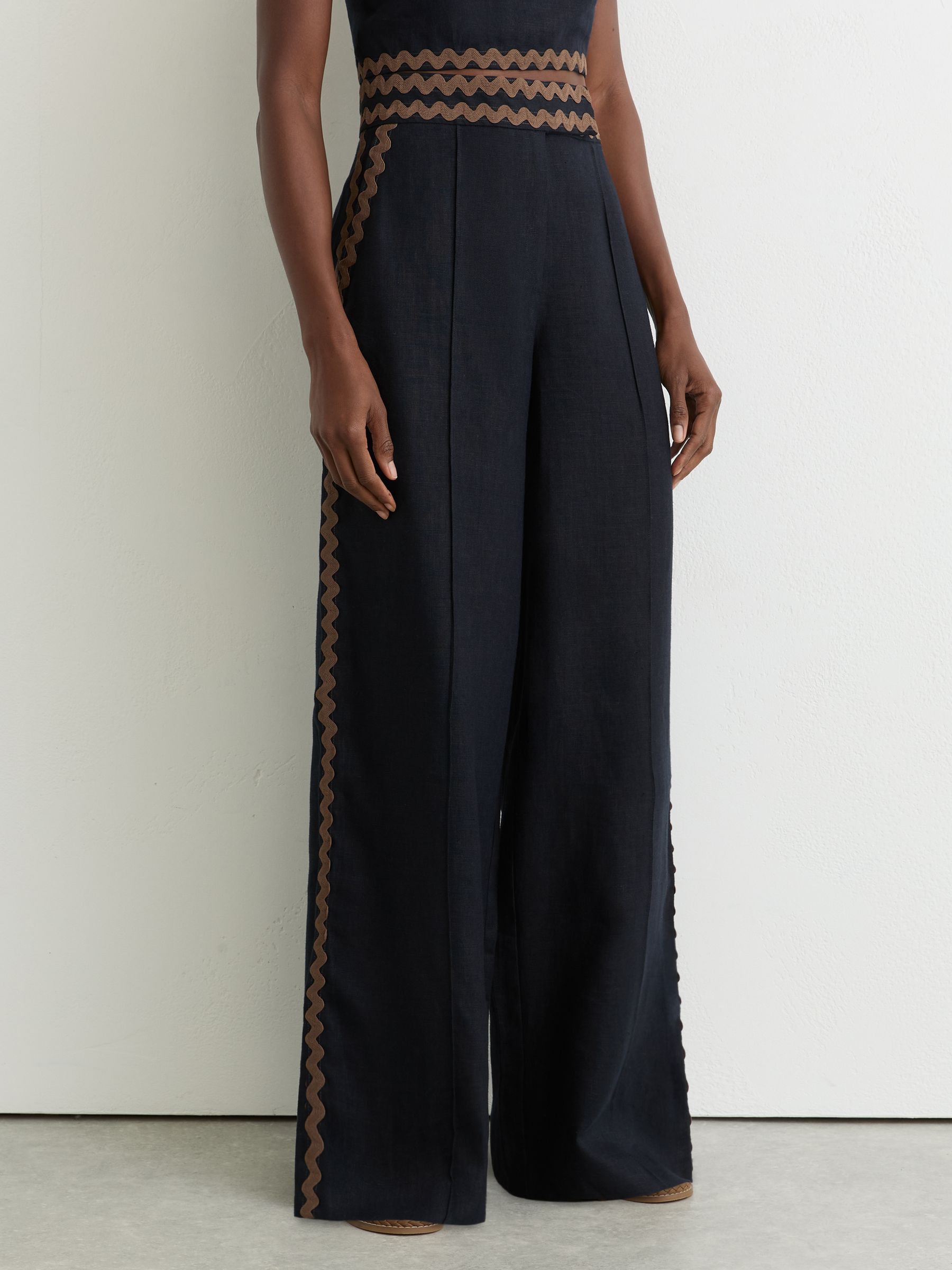 Reiss Petite Linen Wave-Trim Wide-Leg Trousers in Navy/Brown | REISS