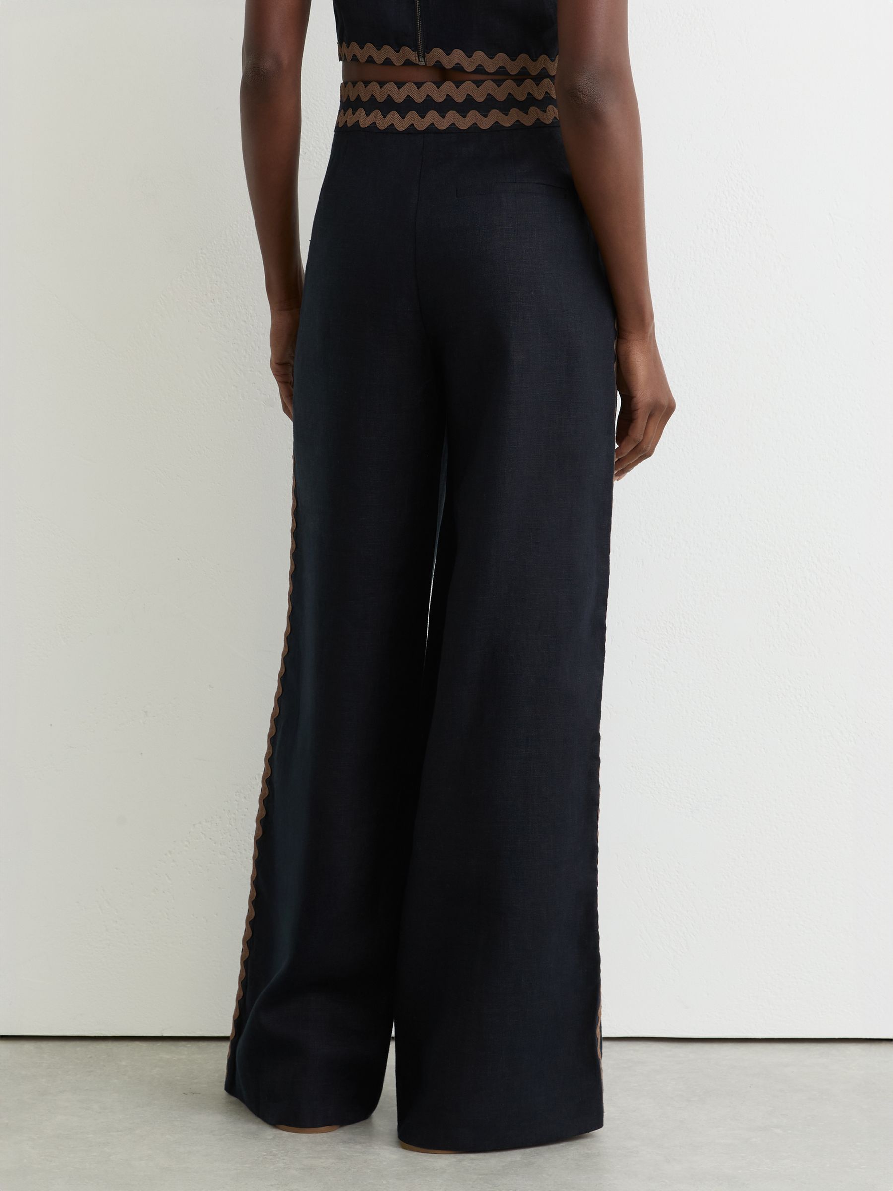 Petite Linen Wave-Trim Wide-Leg Trousers in Navy/Brown - Image 6 of 8