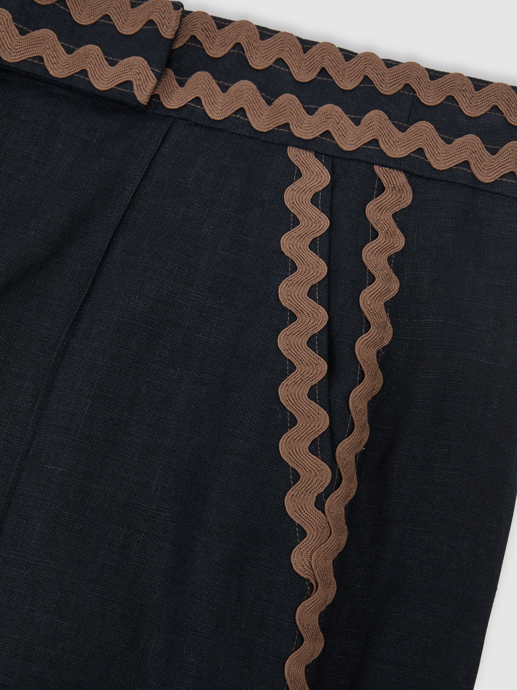 Petite Linen Wave-Trim Wide-Leg Trousers in Navy/Brown - Image 7 of 8