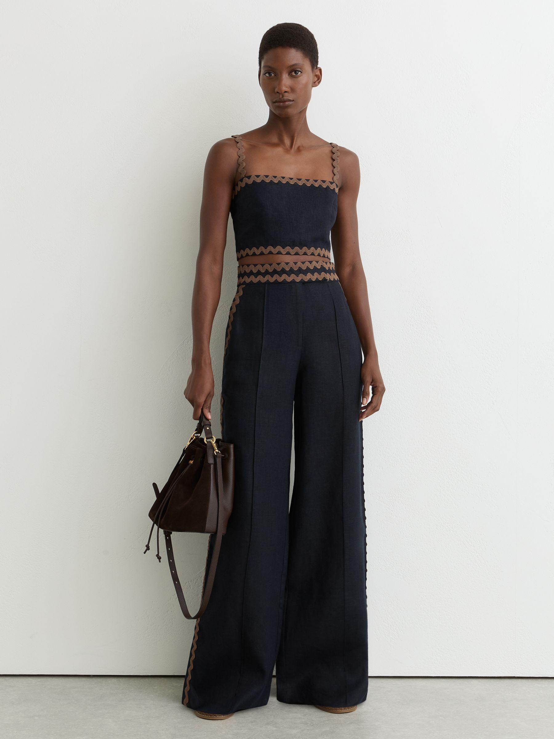 Linen Wave-Trim Wide-Leg Trousers in Navy/Brown - Image 1 of 7
