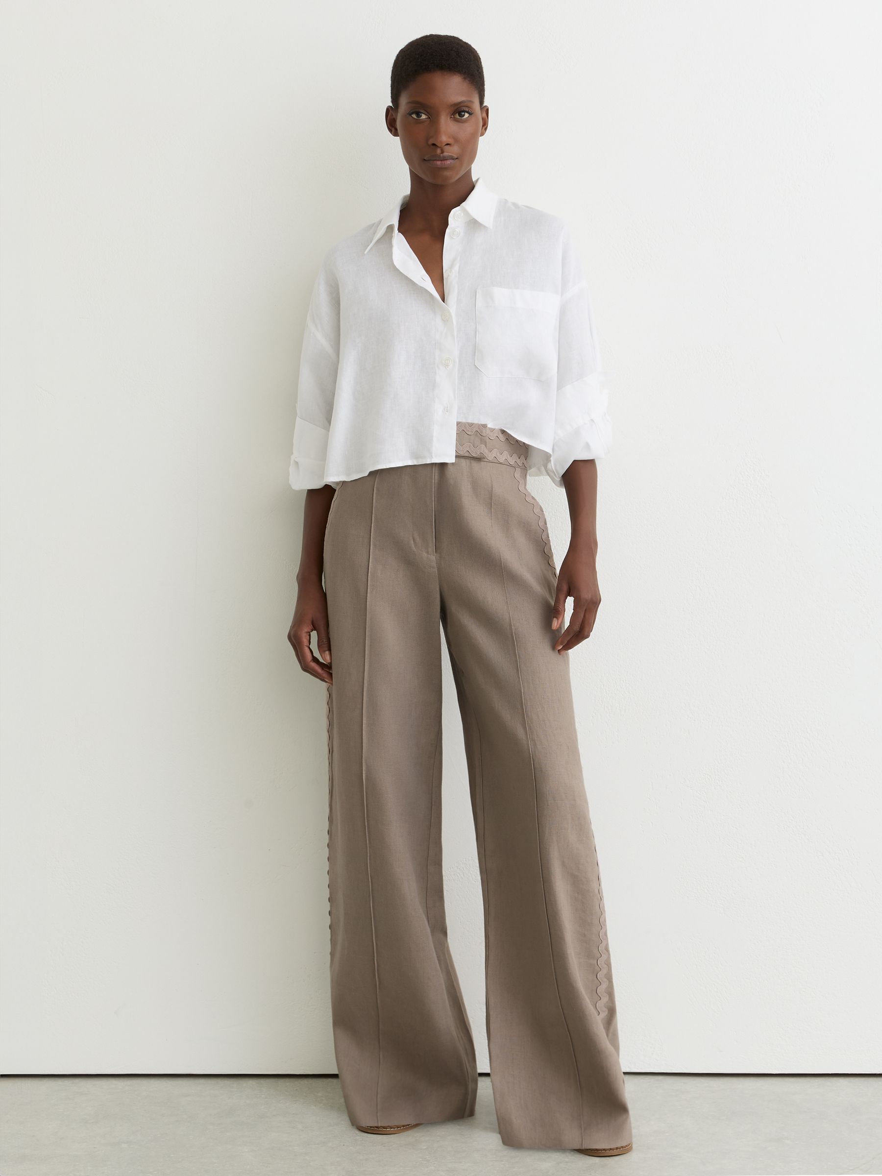 Linen Wave-Trim Wide-Leg Trousers in Taupe Neutral - Image 1 of 6