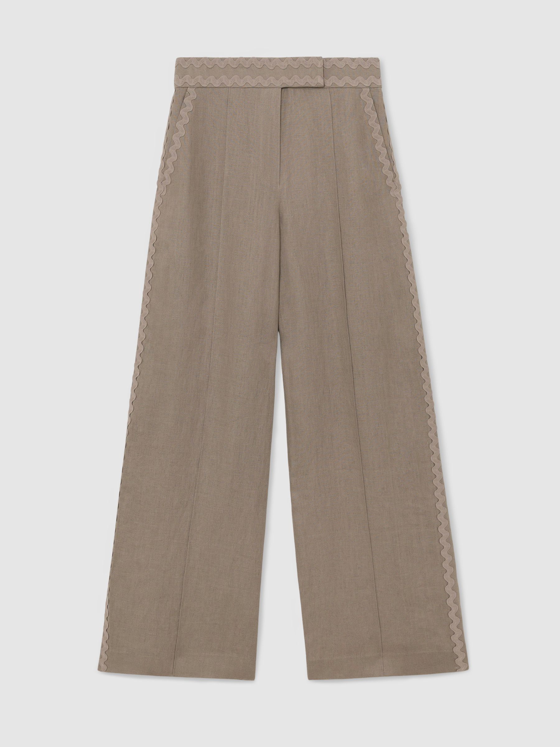 Linen Wave-Trim Wide-Leg Trousers in Taupe Neutral - Image 2 of 6