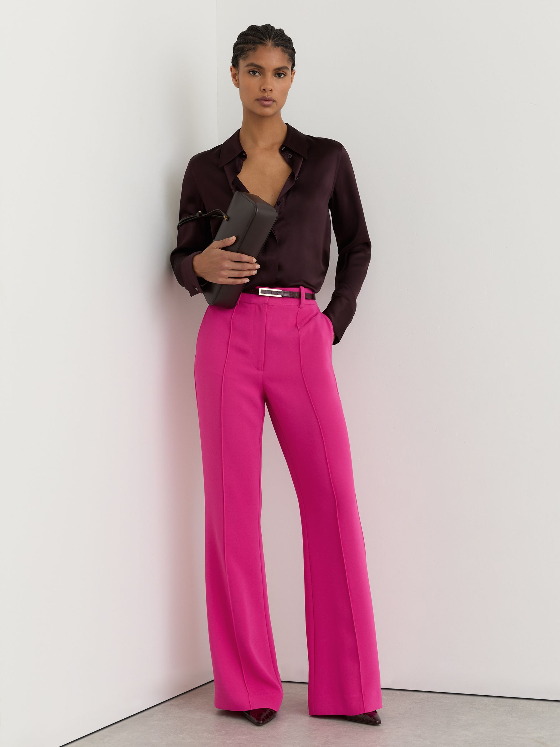Petite Seam-Detail Flared Trousers in Bright Pink - Image 1 of 8