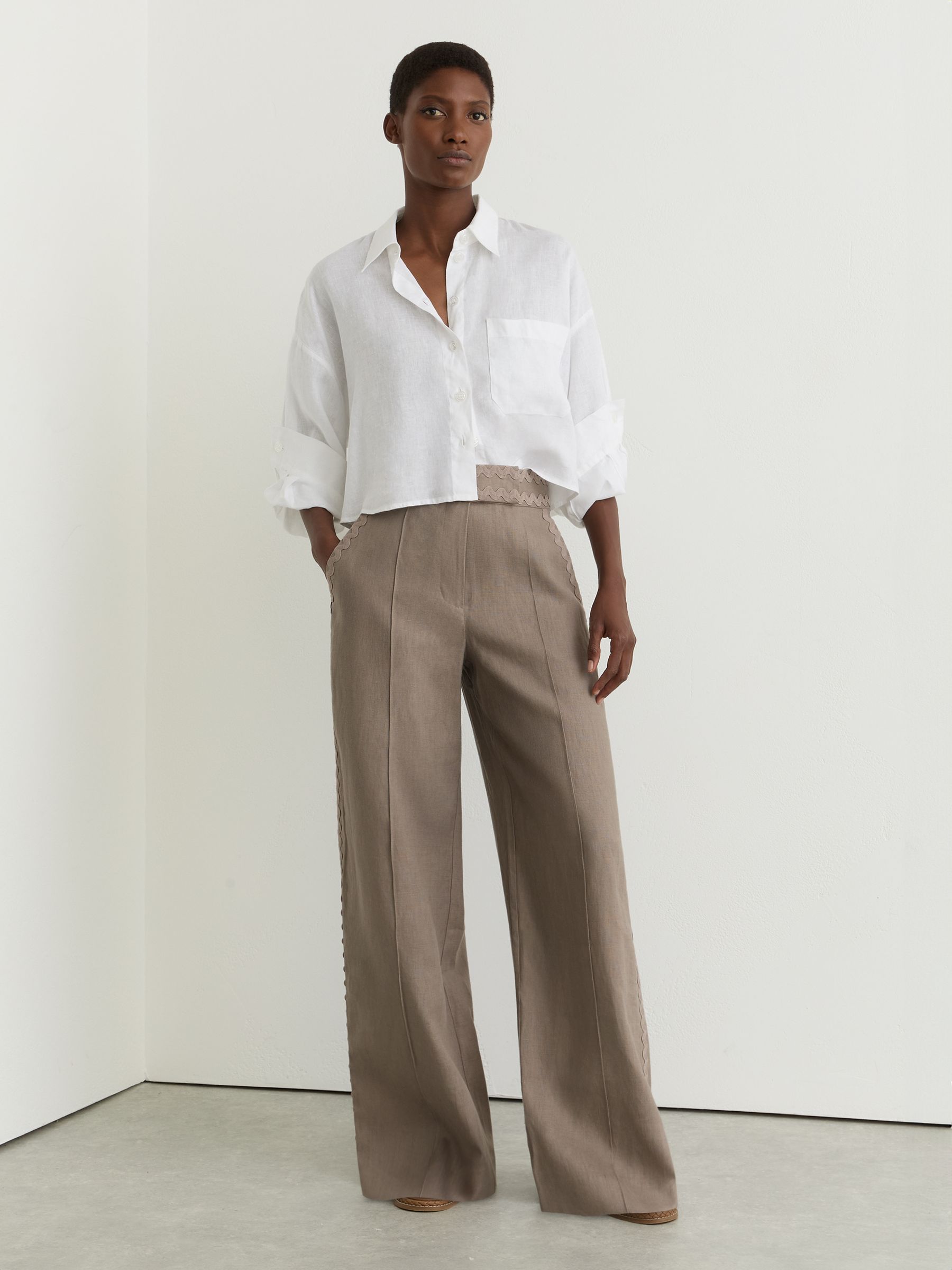 Petite Linen Wave-Trim Wide-Leg Trousers in Taupe Neutral - Image 1 of 7
