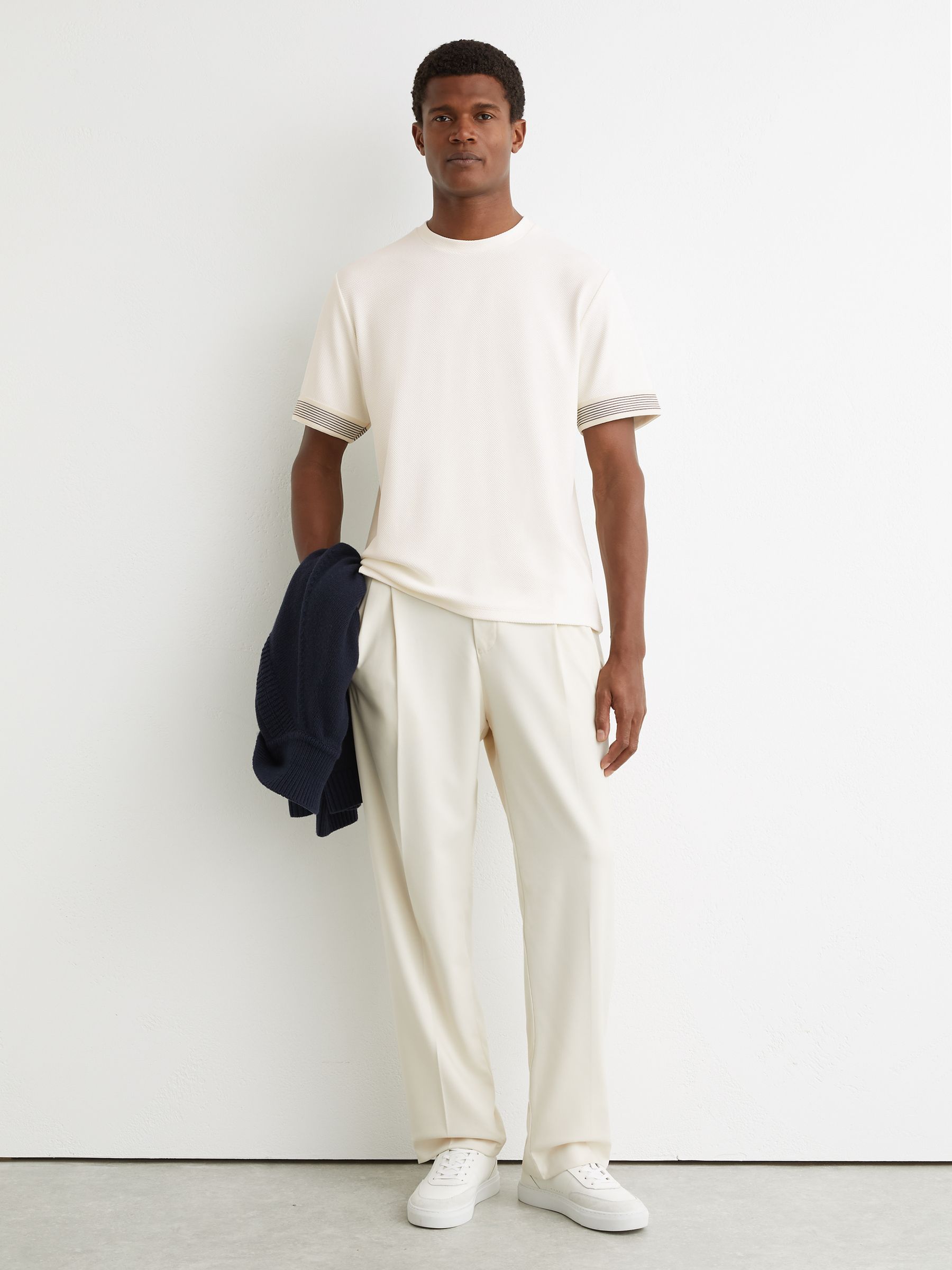 Textured Tape-Cuff T-Shirt in White - Image 2 of 6