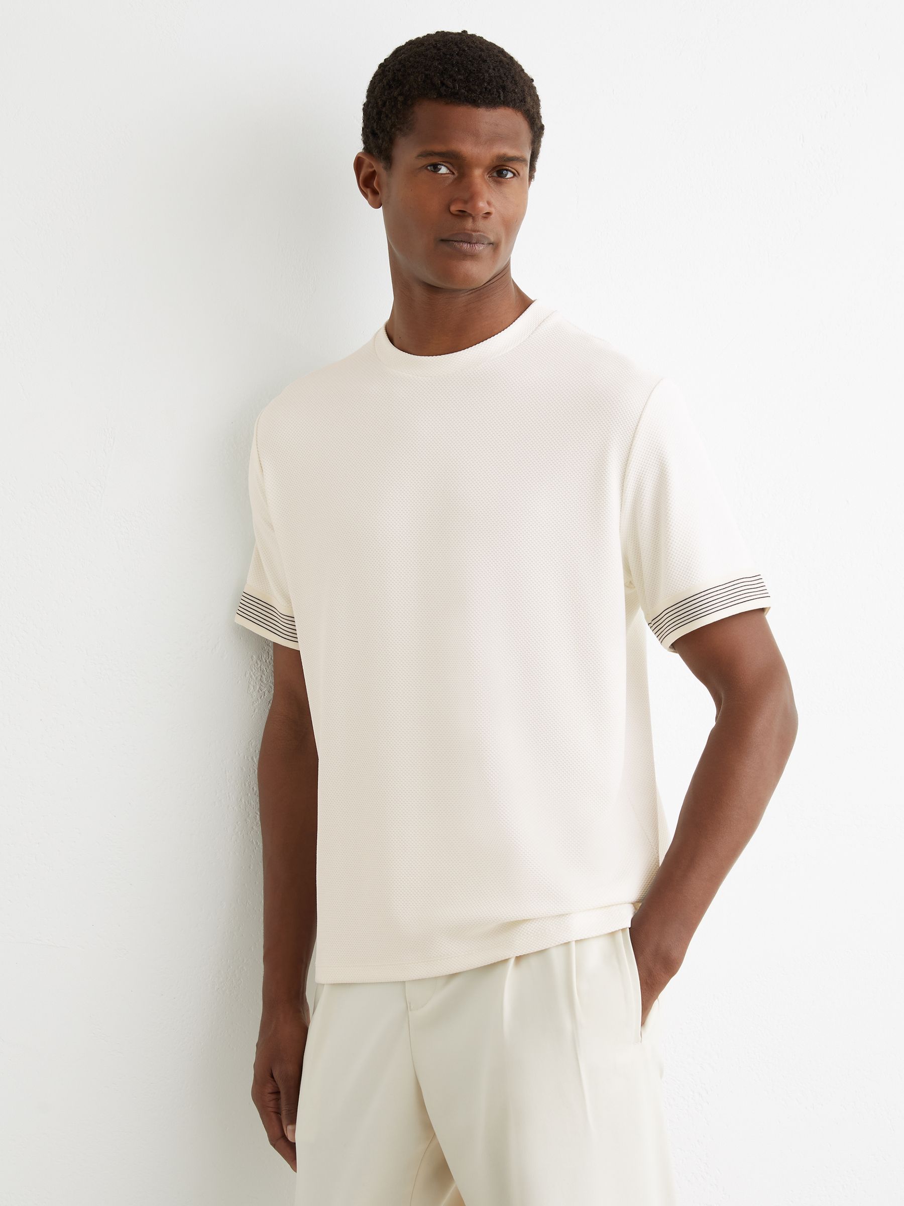 Textured Tape-Cuff T-Shirt in White - Image 3 of 6