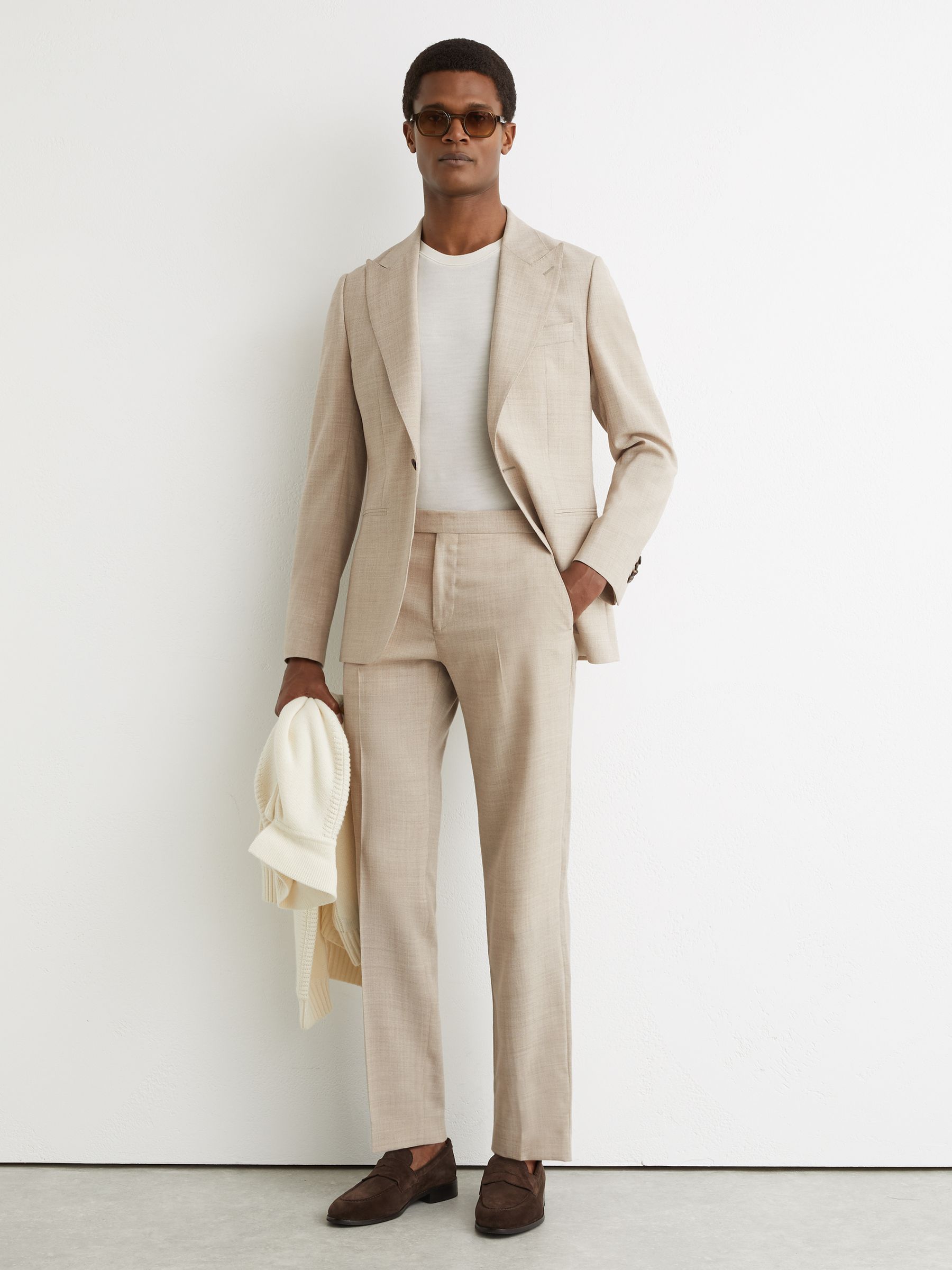 Tailored Fit Wool Textured Trousers in Oatmeal Brown - image 2