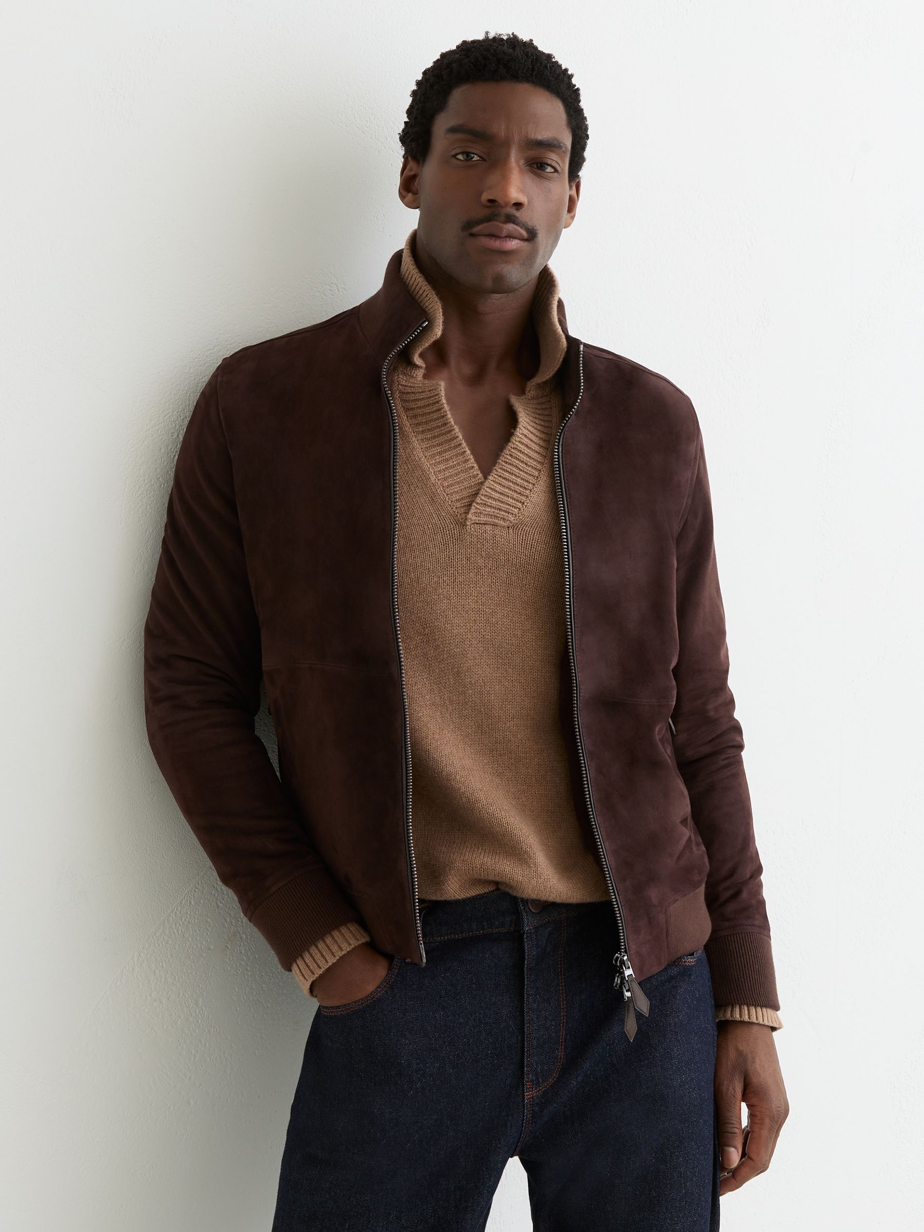 Suede Zip-Through Funnel-Neck Jacket in Chocolate Brown - Image 1 of 6