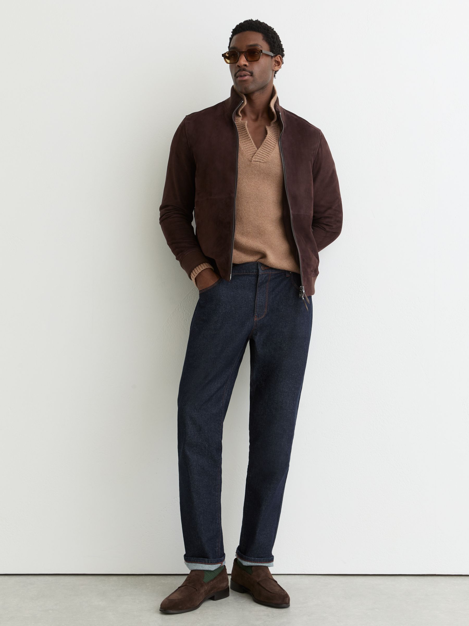 Suede Zip-Through Funnel-Neck Jacket in Chocolate Brown - image 4