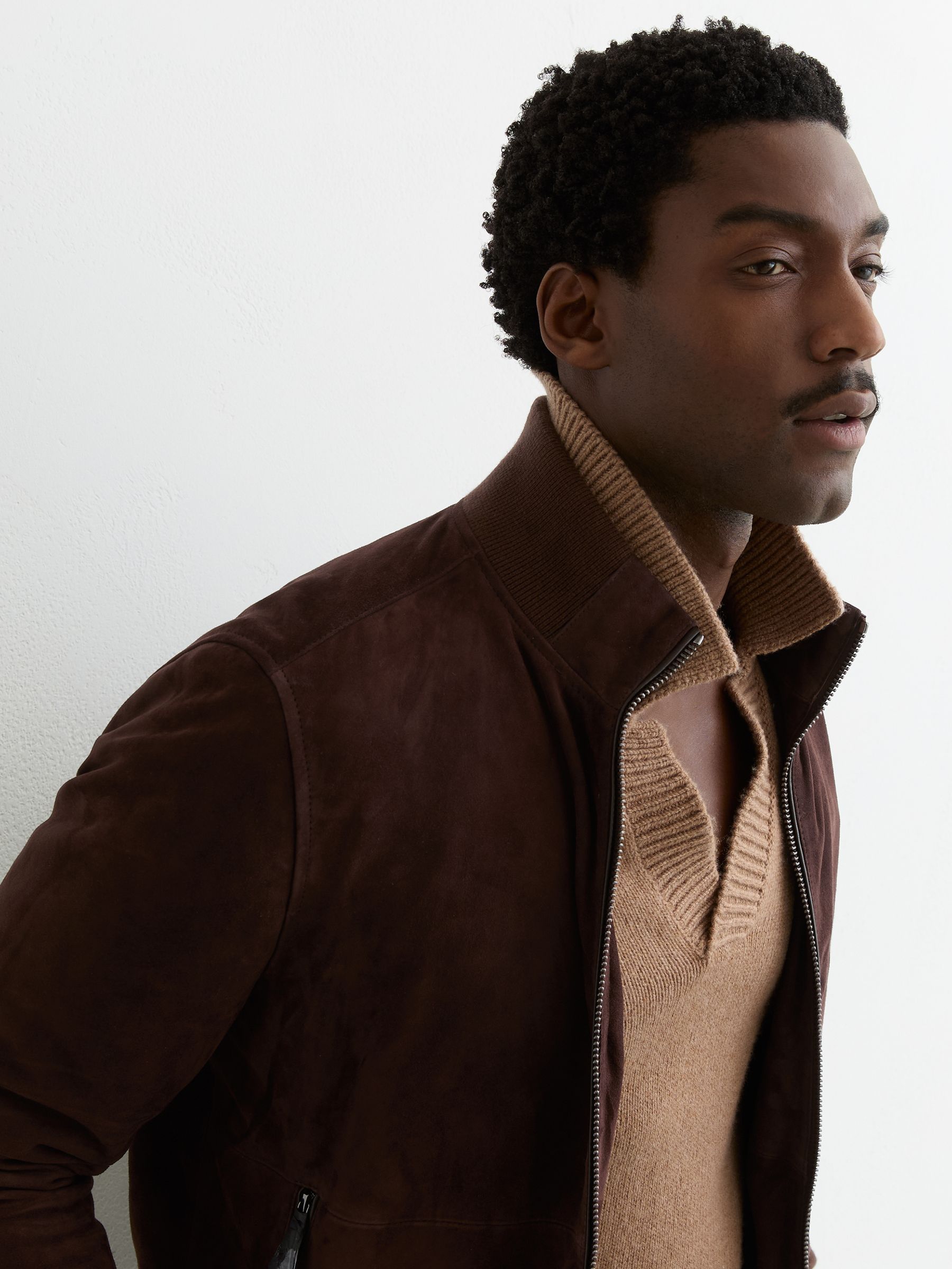 Suede Zip-Through Funnel-Neck Jacket in Chocolate Brown - Image 4 of 6