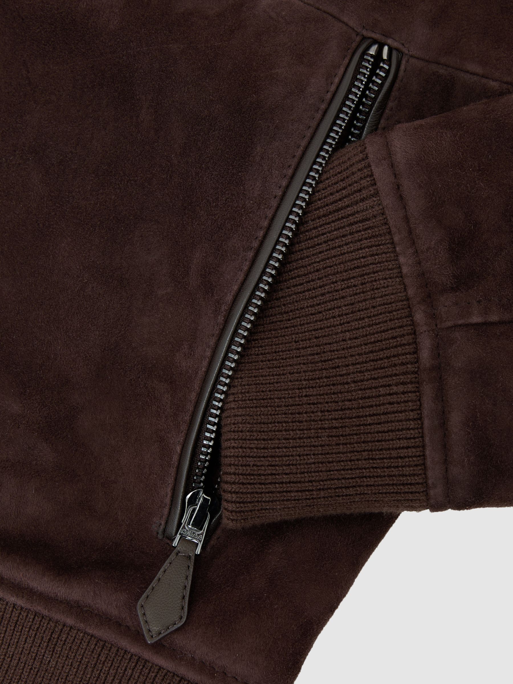 Suede Zip-Through Funnel-Neck Jacket in Chocolate Brown - Image 6 of 6