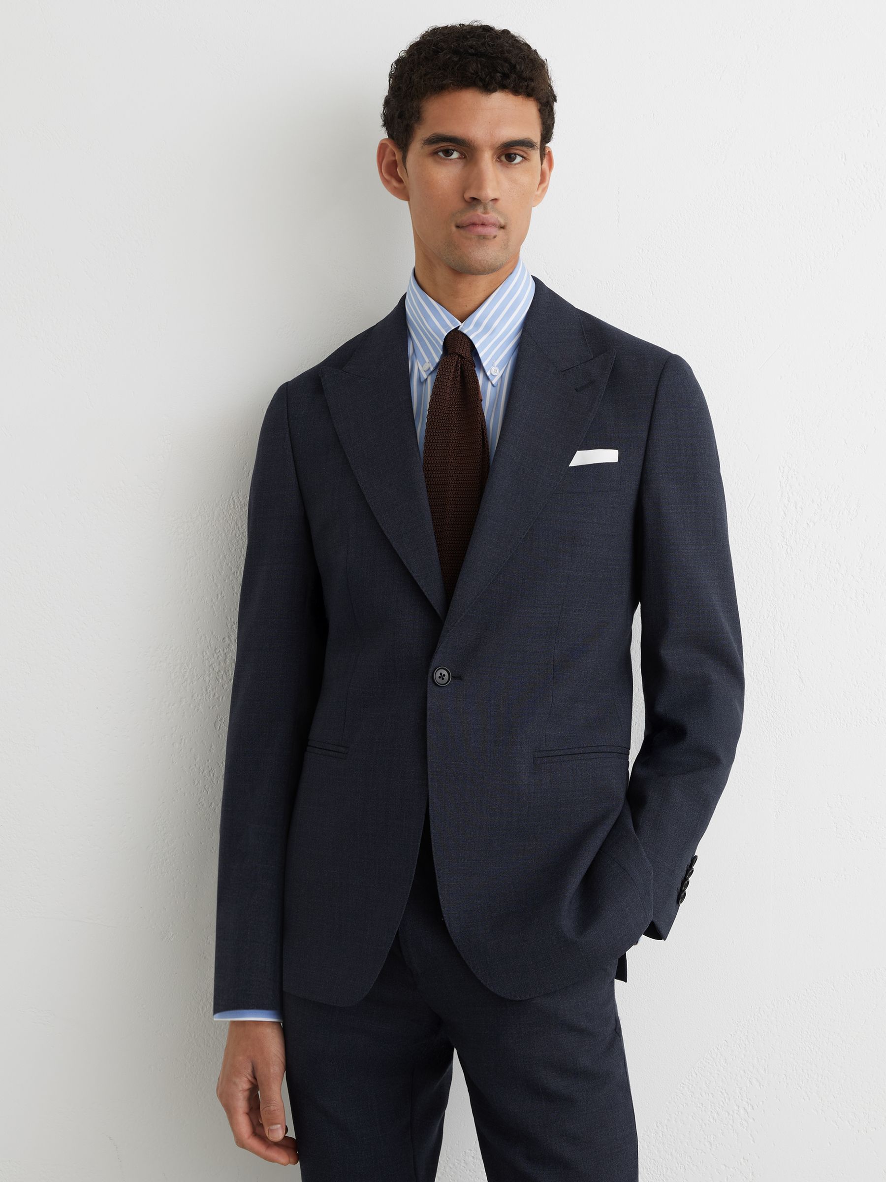Wool Textured Single-Breasted Blazer Tailored-Fit in Airforce Blue - Image 1 of 7