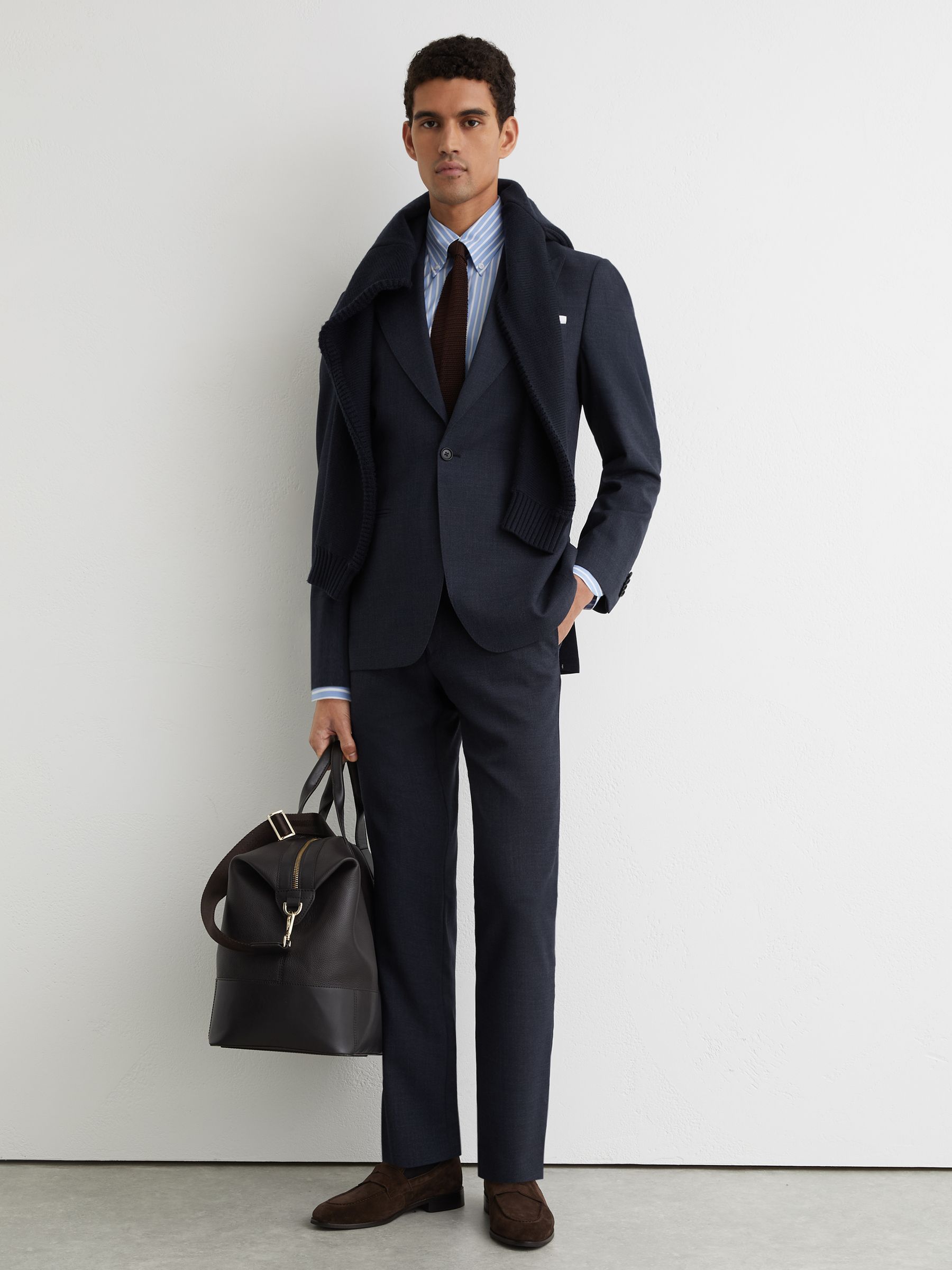 Wool Textured Single-Breasted Blazer Tailored-Fit in Airforce Blue - Image 3 of 7