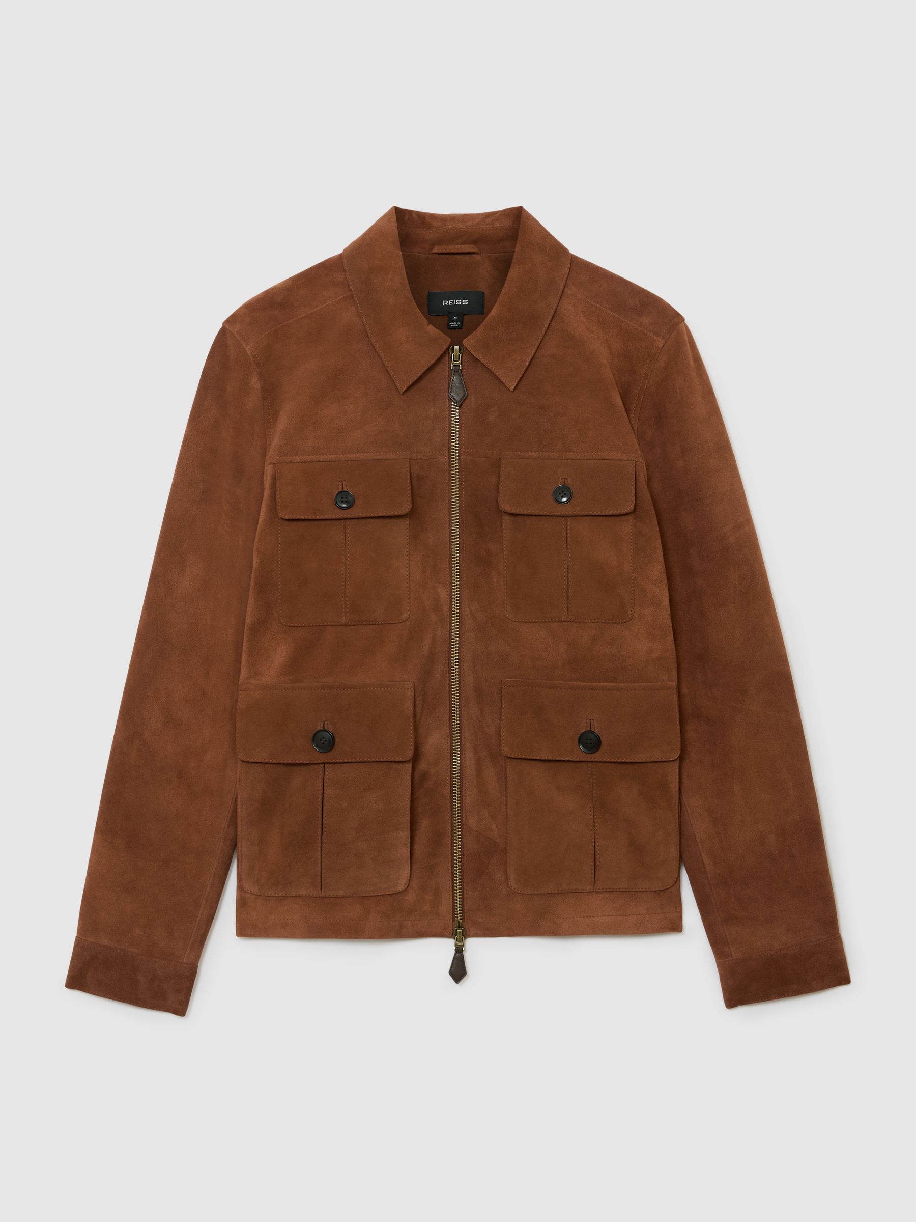 Suede Four-Pocket Zip-Through Jacket in Tobacco Brown - image 1