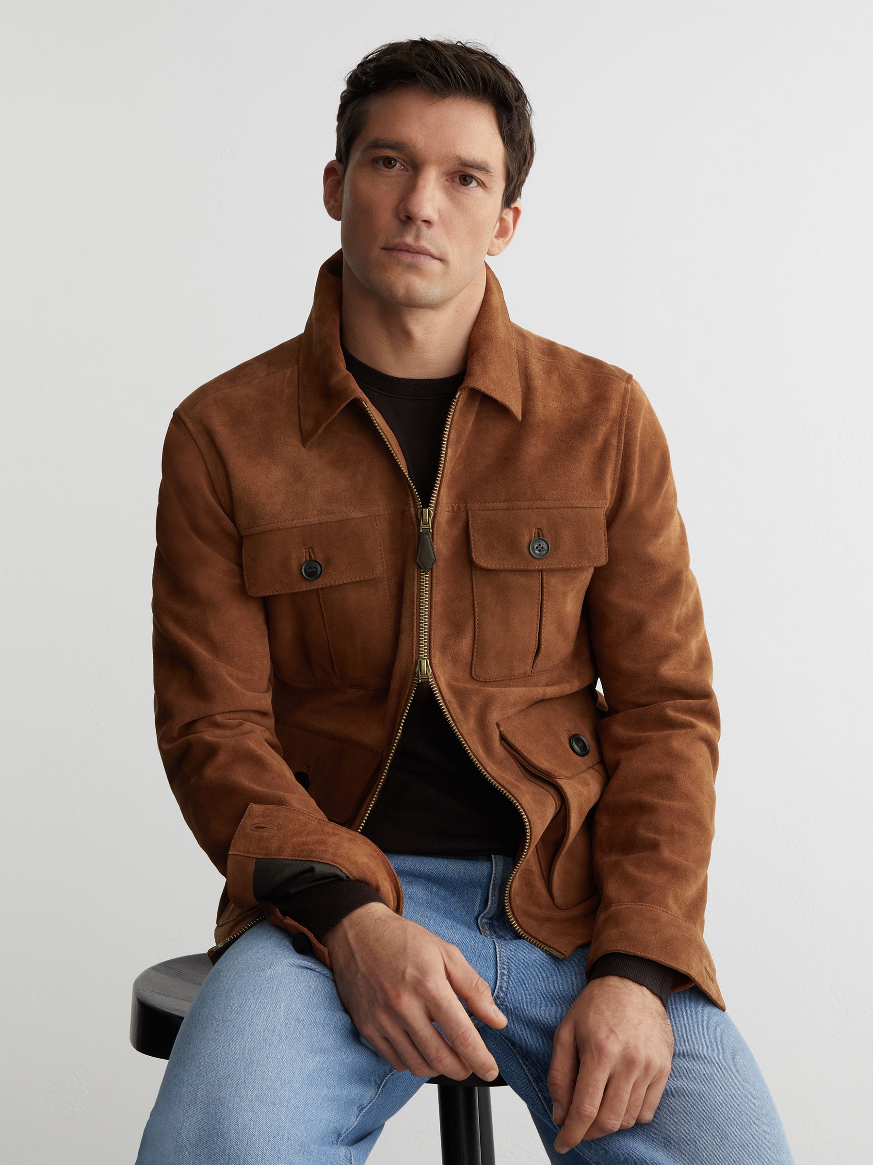 Suede Four-Pocket Zip-Through Jacket in Tobacco Brown - Image 5 of 8